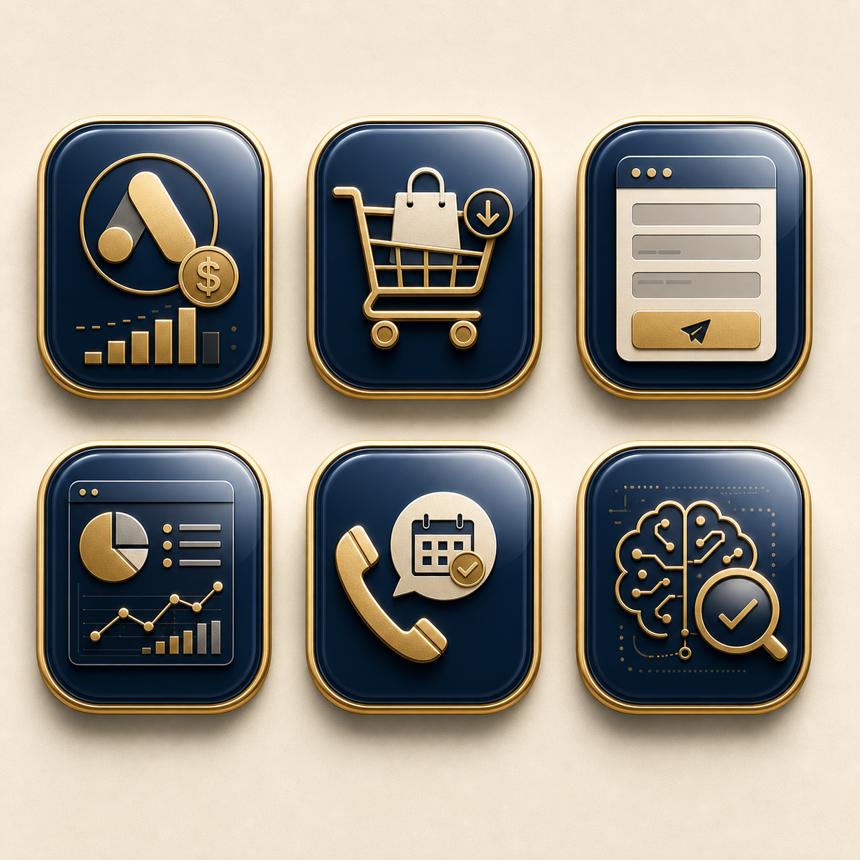 Rendered app-style icons for ads, Shopify, website forms, tracking, calls, and AI visibility