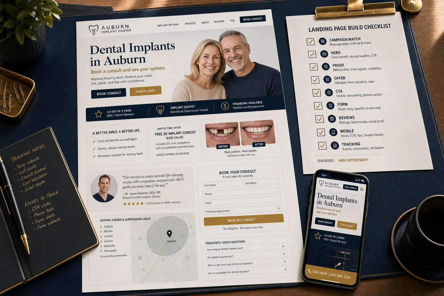 Generated dental implant landing page design showing headline, consult CTA, cost CTA, trust strip, offer, proof, consult form, service map, FAQ, mobile call path, tracking notes, and build checklist