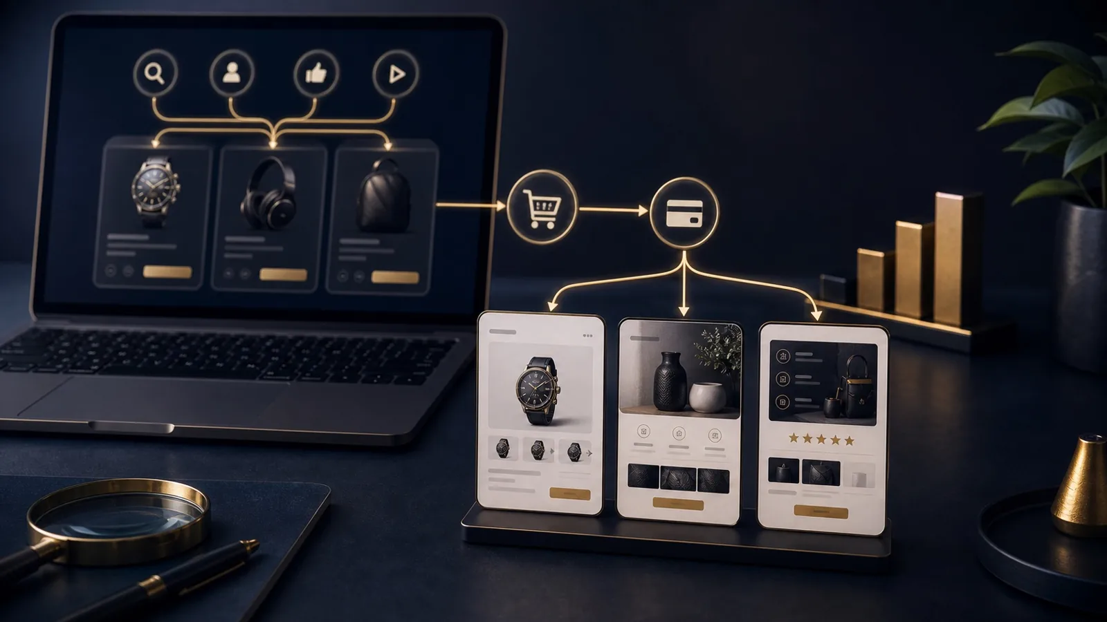 Generated landing page, product page, and sales page routing visual showing ad traffic, PDP comparison, long-form offer, proof, CTA, checkout, and diagnostic decision path