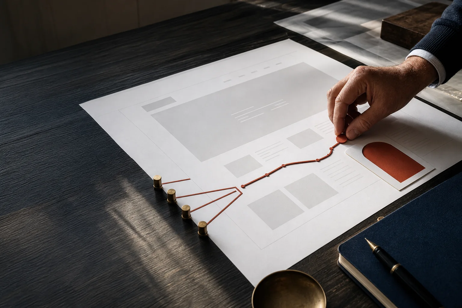 Homepage wireframe with visitor markers reaching broken and complete conversion paths