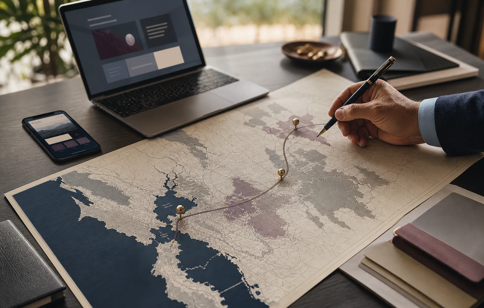 Marketing planning desk with a map connecting the Bay Area, Sacramento, and Roseville