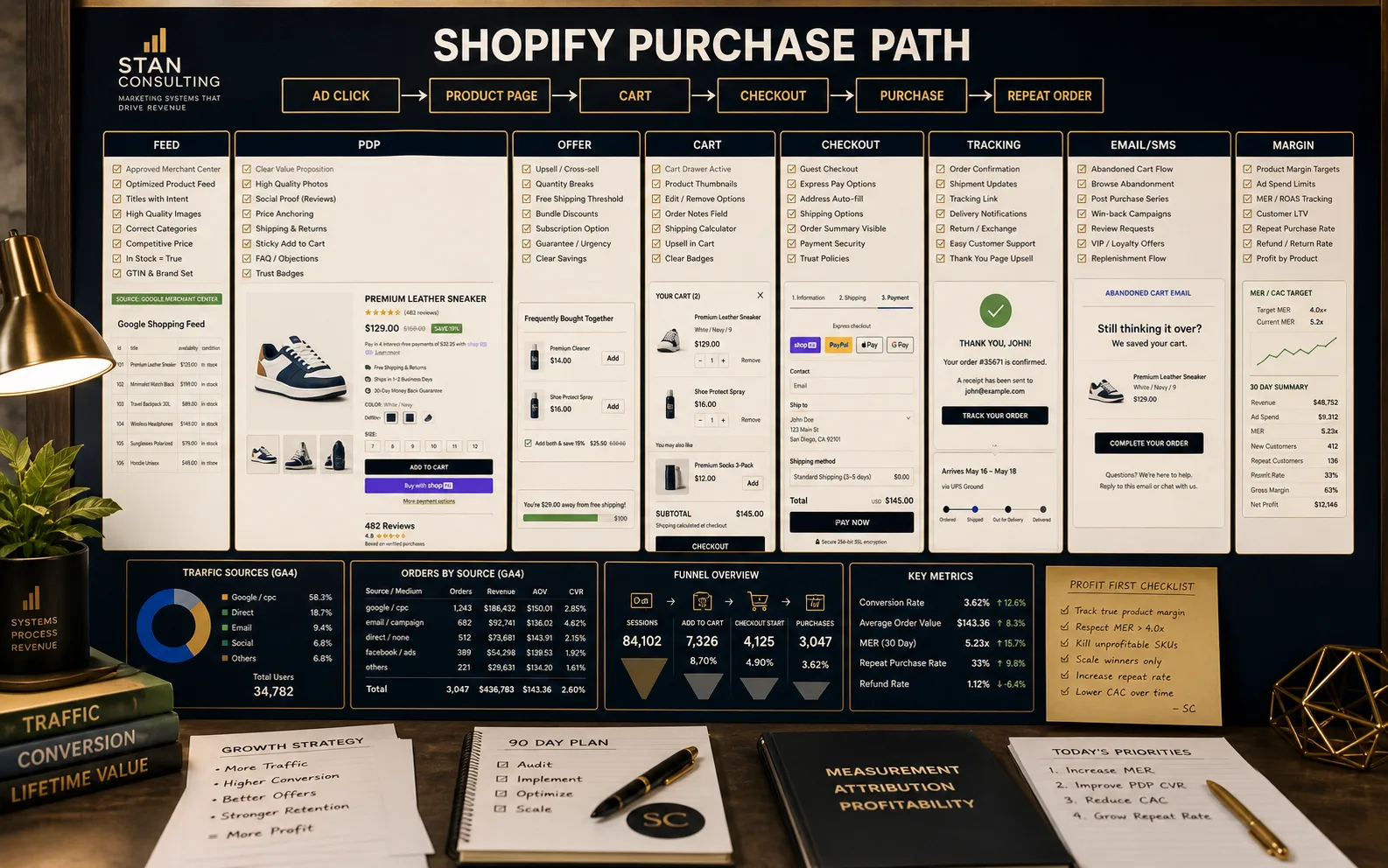 High-end generated Shopify purchase path visual showing ad click, product page, cart, checkout, purchase, repeat order, product feed, PDP, offer, tracking, email/SMS, and margin checklist