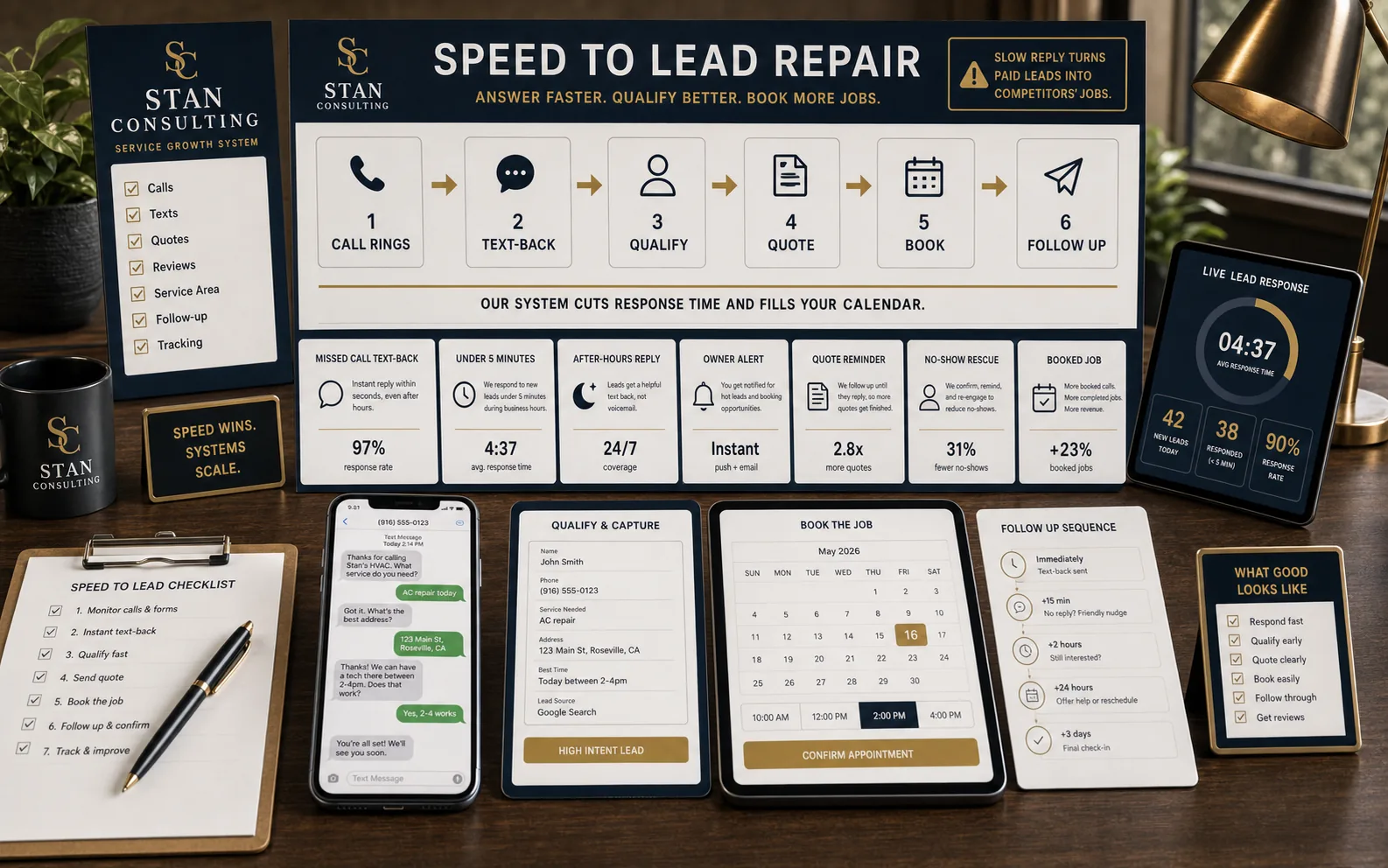 High-end generated speed-to-lead repair visual showing missed call text-back, quote request follow-up, dispatch calendar, call log, response timer, appointment booking, owner report, and service business follow-up sequence