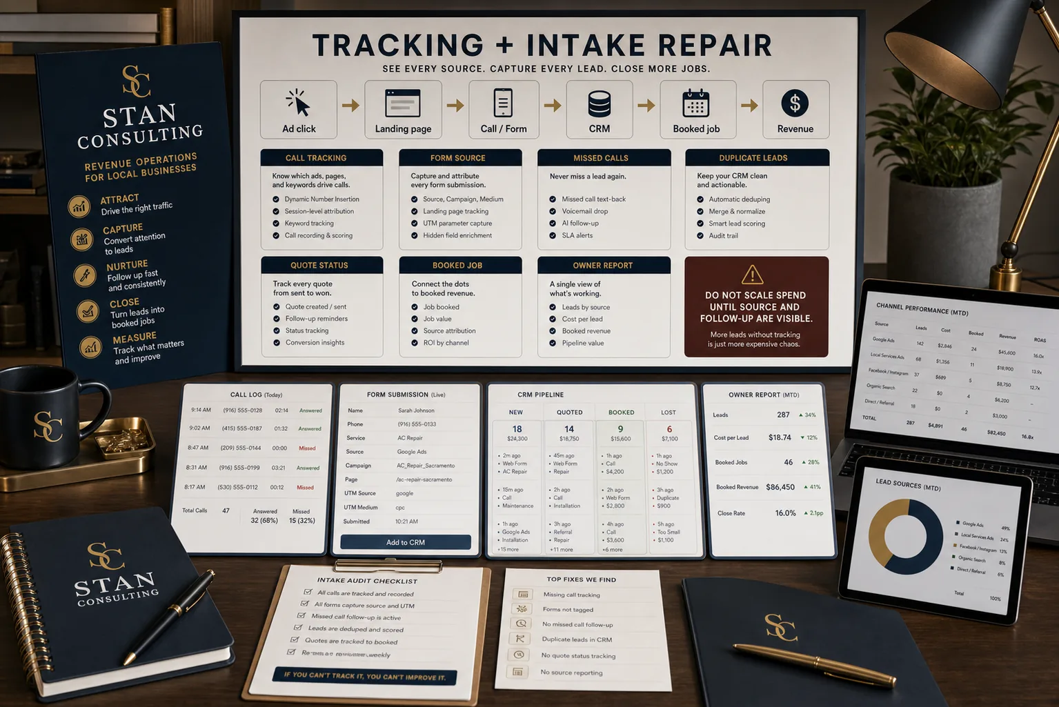 High-end generated tracking and intake repair visual showing ad click to landing page, call and form source, CRM, booked job, revenue, call log, form submission, owner report, missed calls, duplicate leads, and quote status