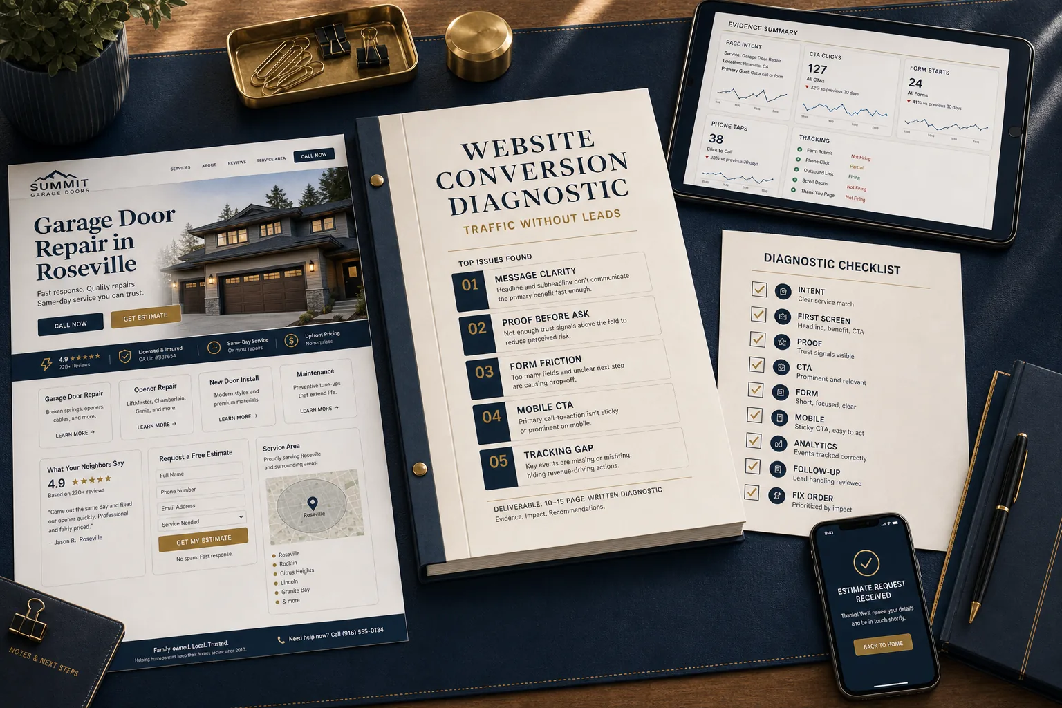 Generated website conversion diagnostic showing Summit Garage Doors page, ranked findings, evidence tablet, diagnostic checklist, form path, mobile confirmation, and tracking gaps