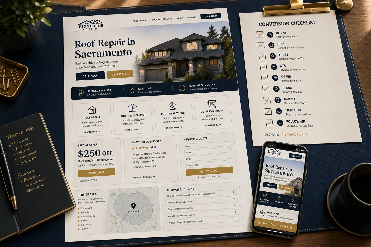 Generated roofing website conversion diagnostic showing hero message, CTAs, trust strip, offer, review, quote form, service area, tracking notes, mobile call button, and conversion checklist