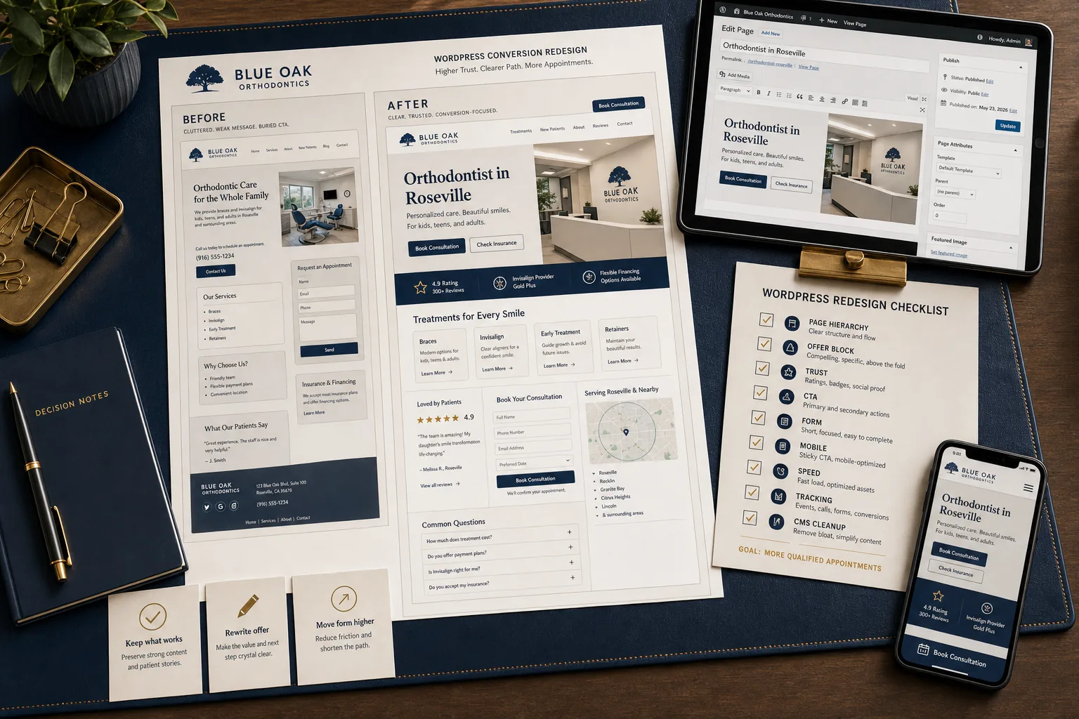 Generated WordPress conversion redesign showing before and after orthodontics page, editor view, mobile action button, redesign checklist, offer blocks, trust strip, form, and tracking cleanup