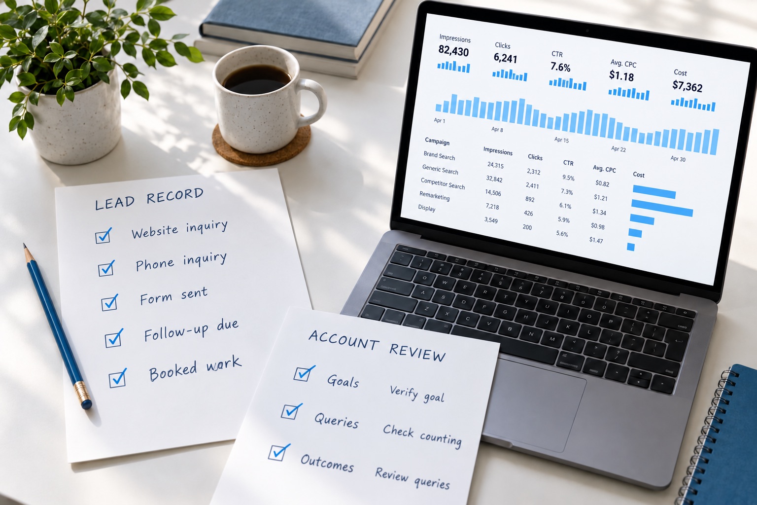 Illustrative desk comparing an advertising report with a lead record and account review notes.