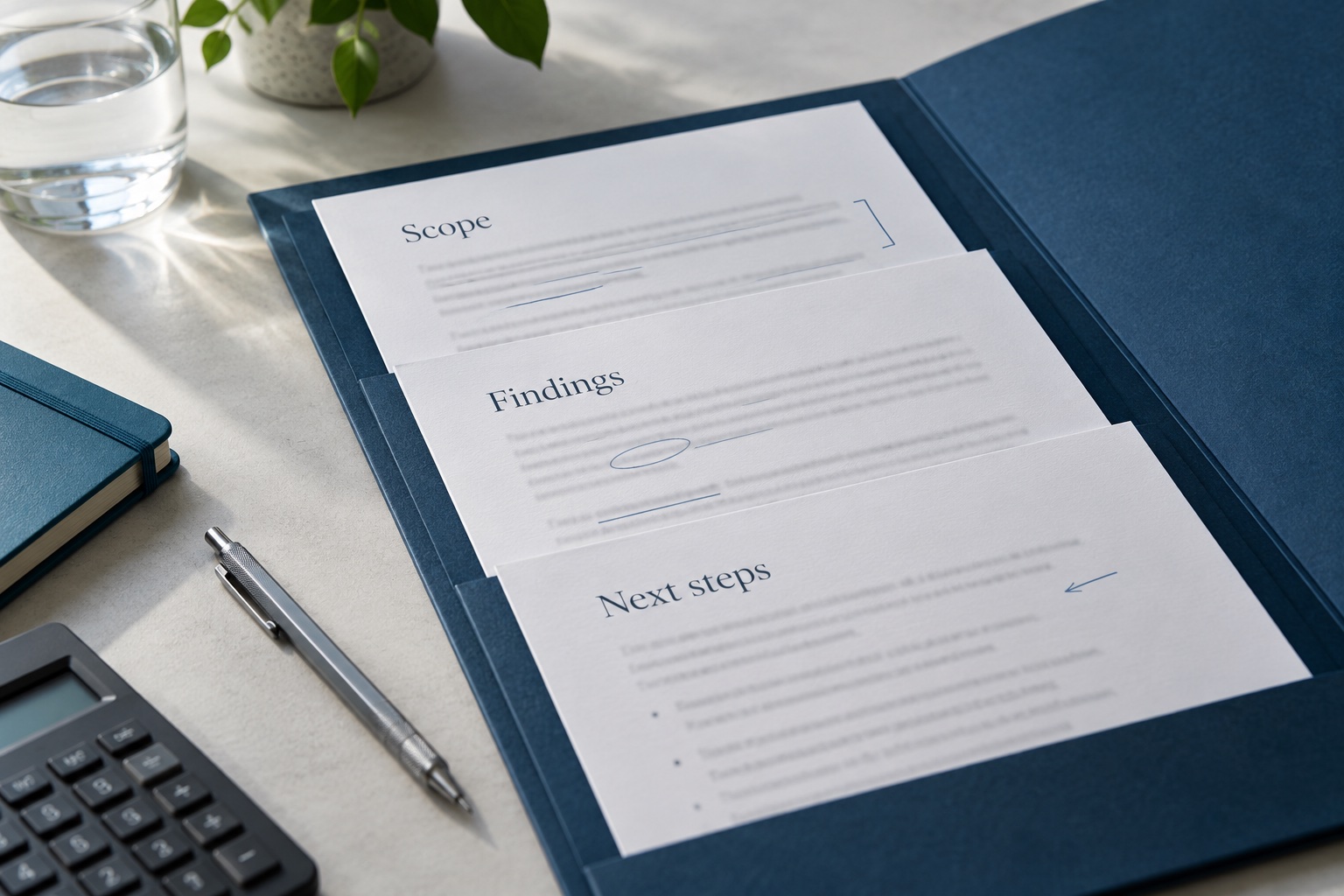 Illustrative portfolio containing scope, findings and next-step documents.