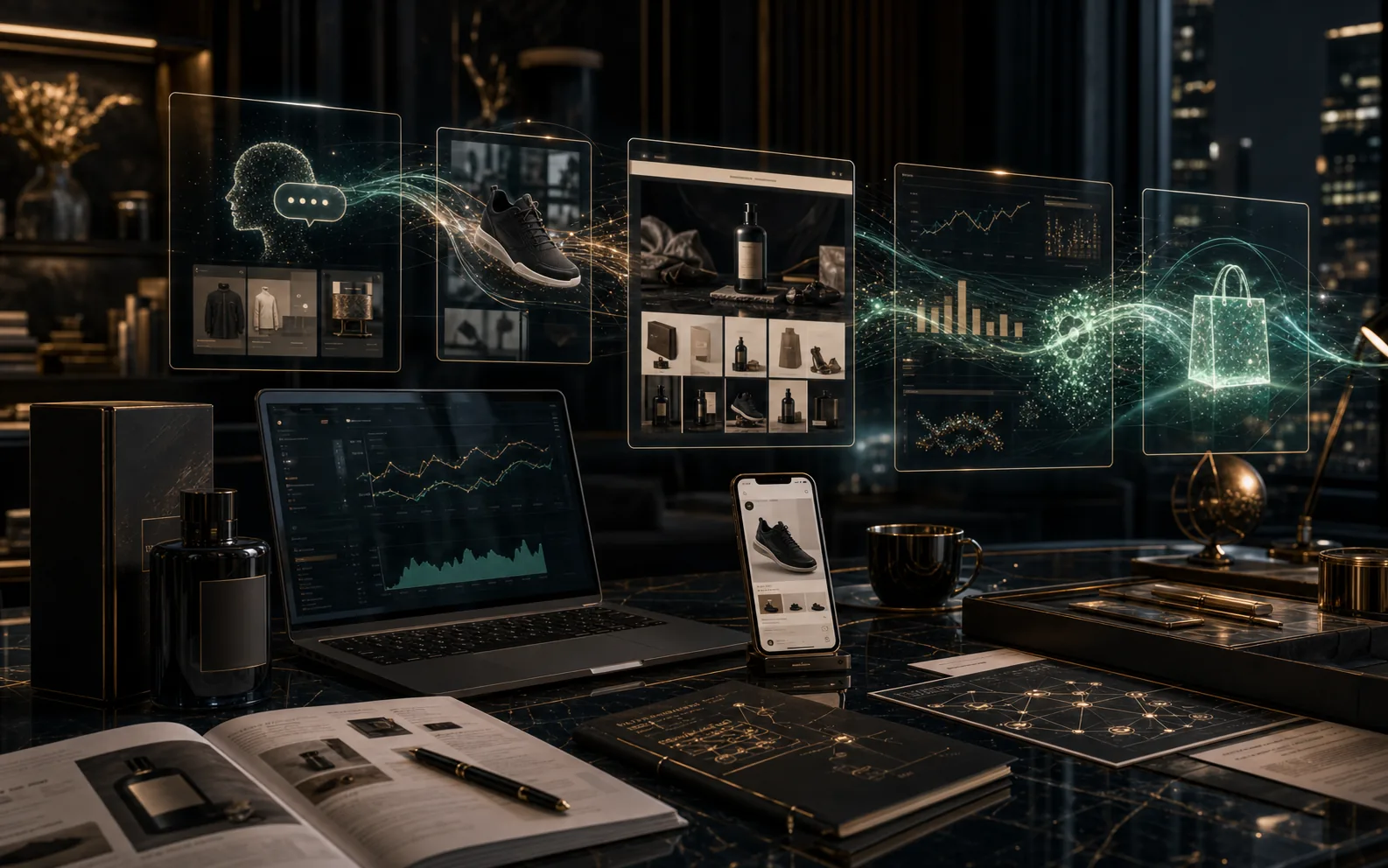 AI-generated AI shopping referral command room showing answer surfaces, product detail pages, citation context, analytics, and Shopify buyer path evidence