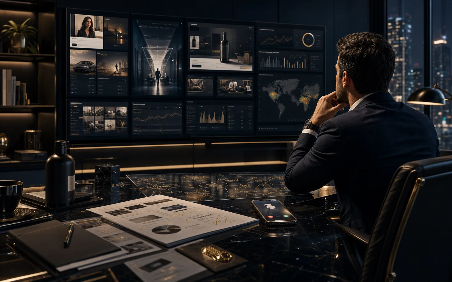AI-generated executive marketing command room showing ecommerce pages, analytics, buyer journey screens, campaign evidence, and owner decision context