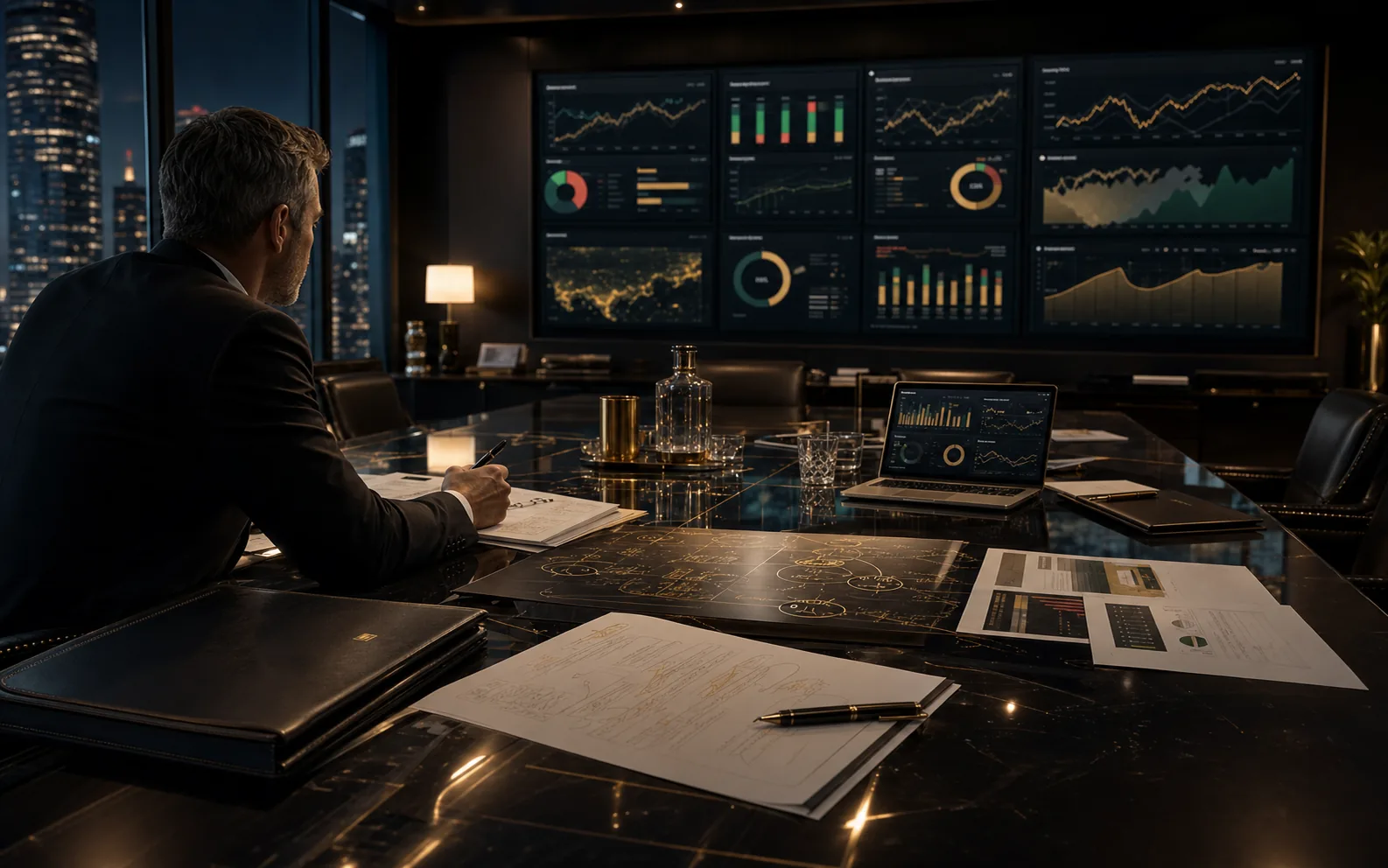 AI-generated strategic marketing decision path showing executive planning review, campaign screens, budget tracking data, vendor notes, and operating rhythm evidence