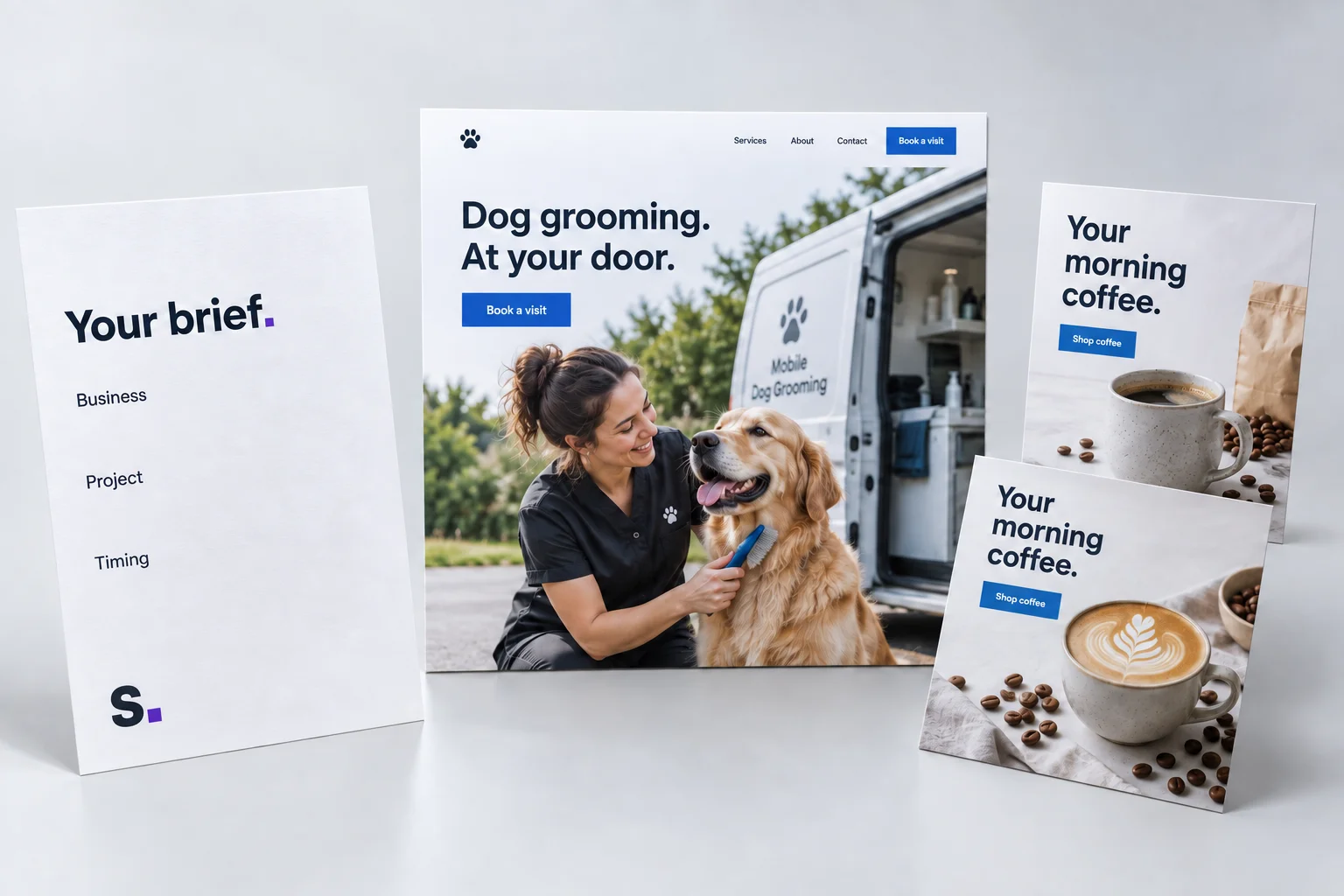 Illustrative project brief beside a mobile dog-grooming website and coffee advertising.