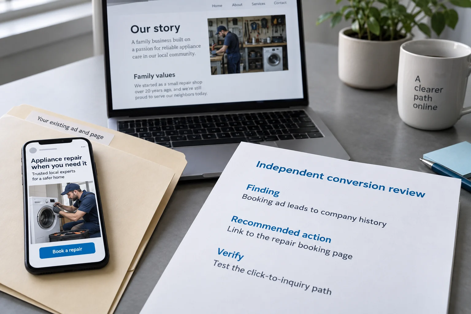 Illustrative review of a customer-provided repair ad and its current landing page, with a written destination recommendation.