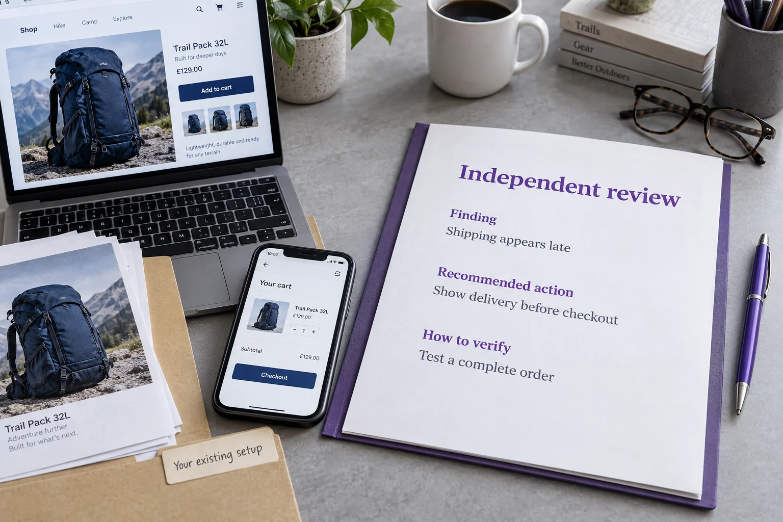 Illustrative independent review of a customer-provided store, checkout and ad, with a written finding, recommendation and verification step.