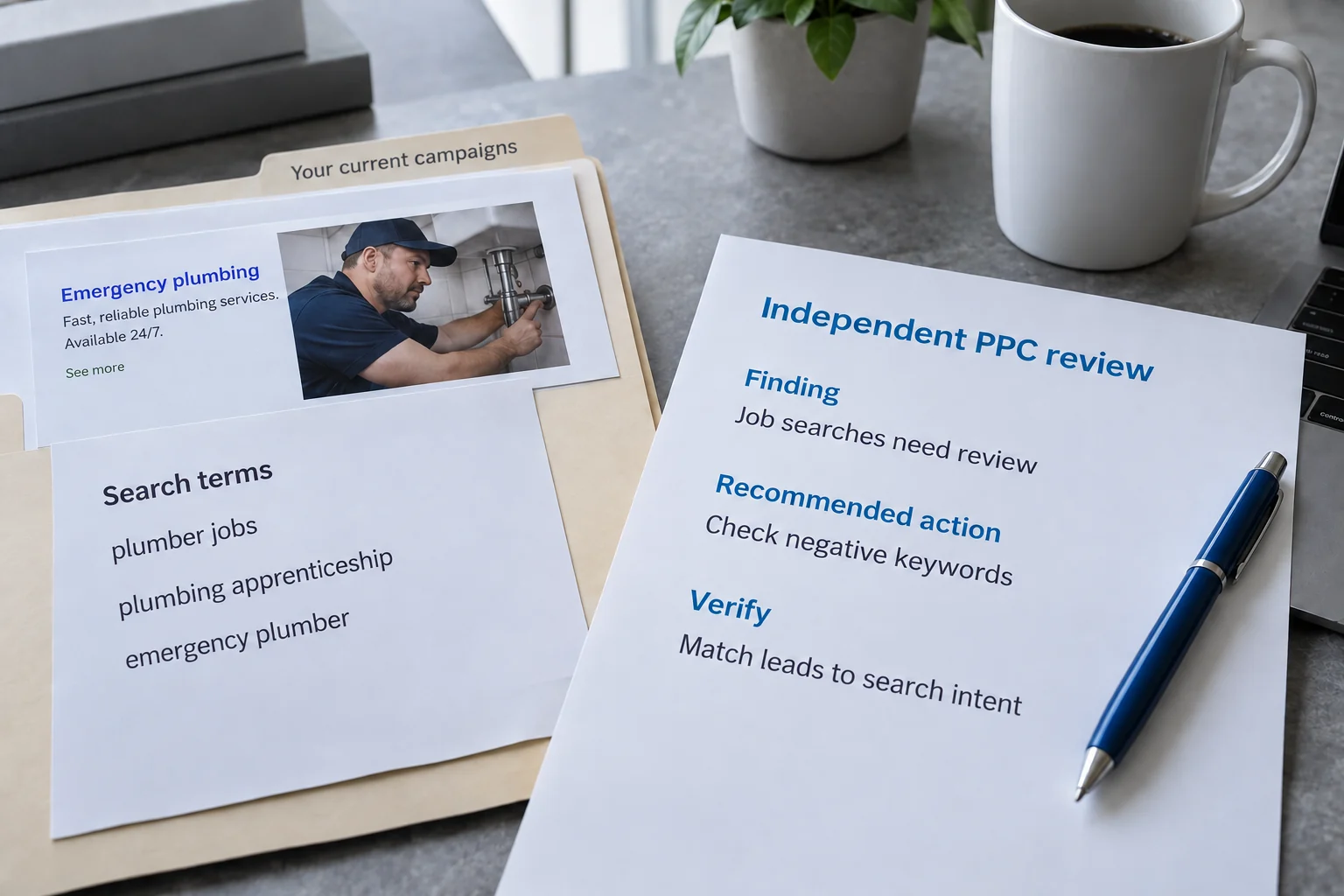 Illustrative review of customer-provided ad and search-term records with a recommendation to inspect negative keywords.