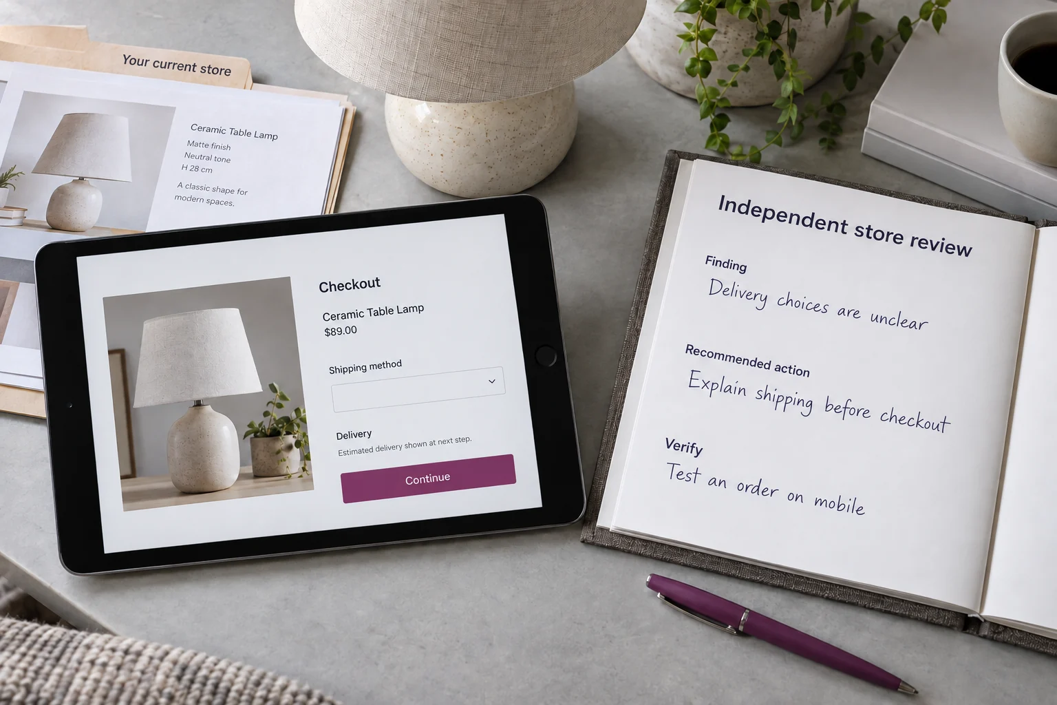 Illustrative review of a customer-provided checkout and a written recommendation about delivery information.