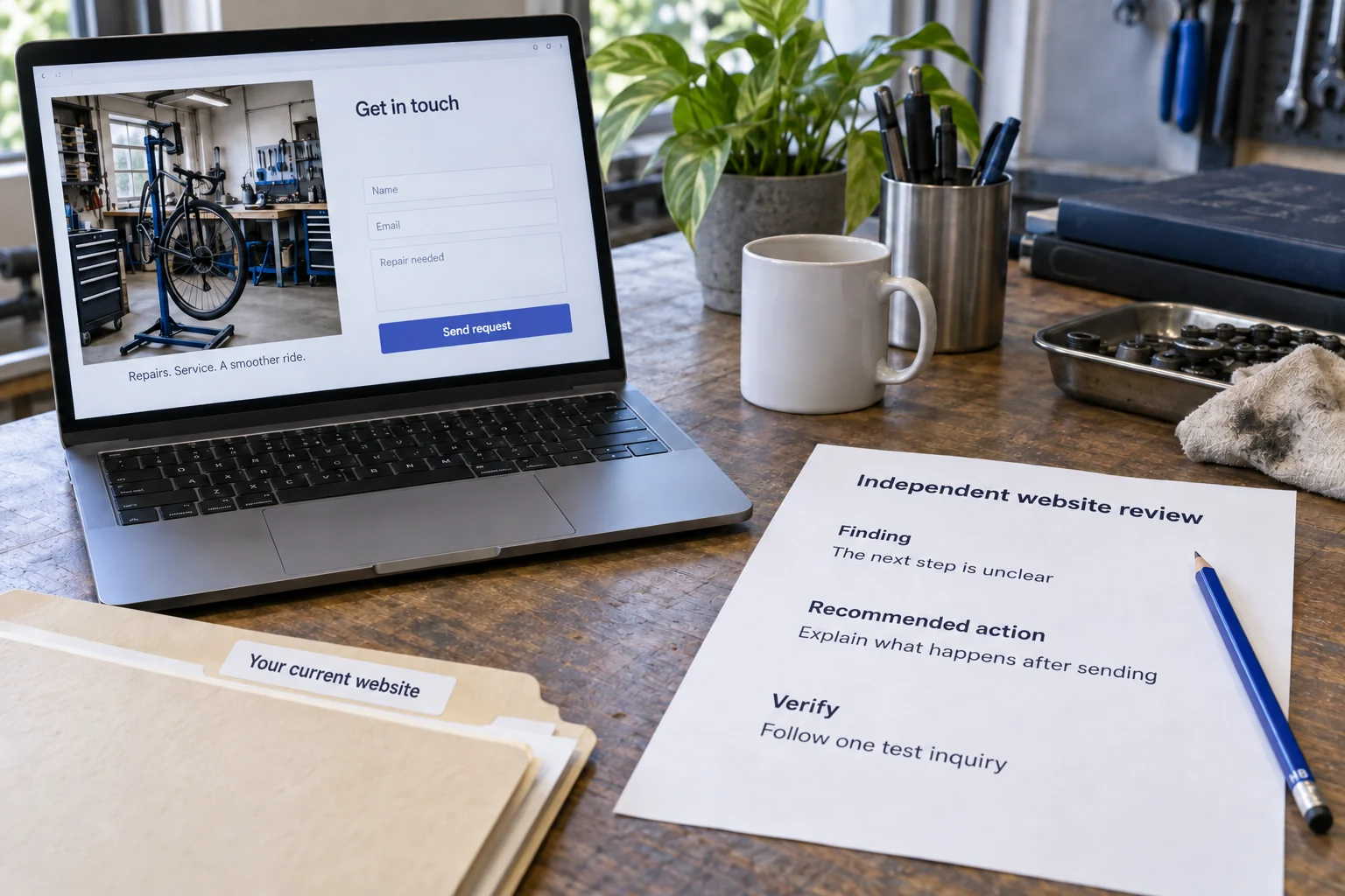 Illustrative review of a customer-provided bicycle-repair website form and a written recommendation about the next step.