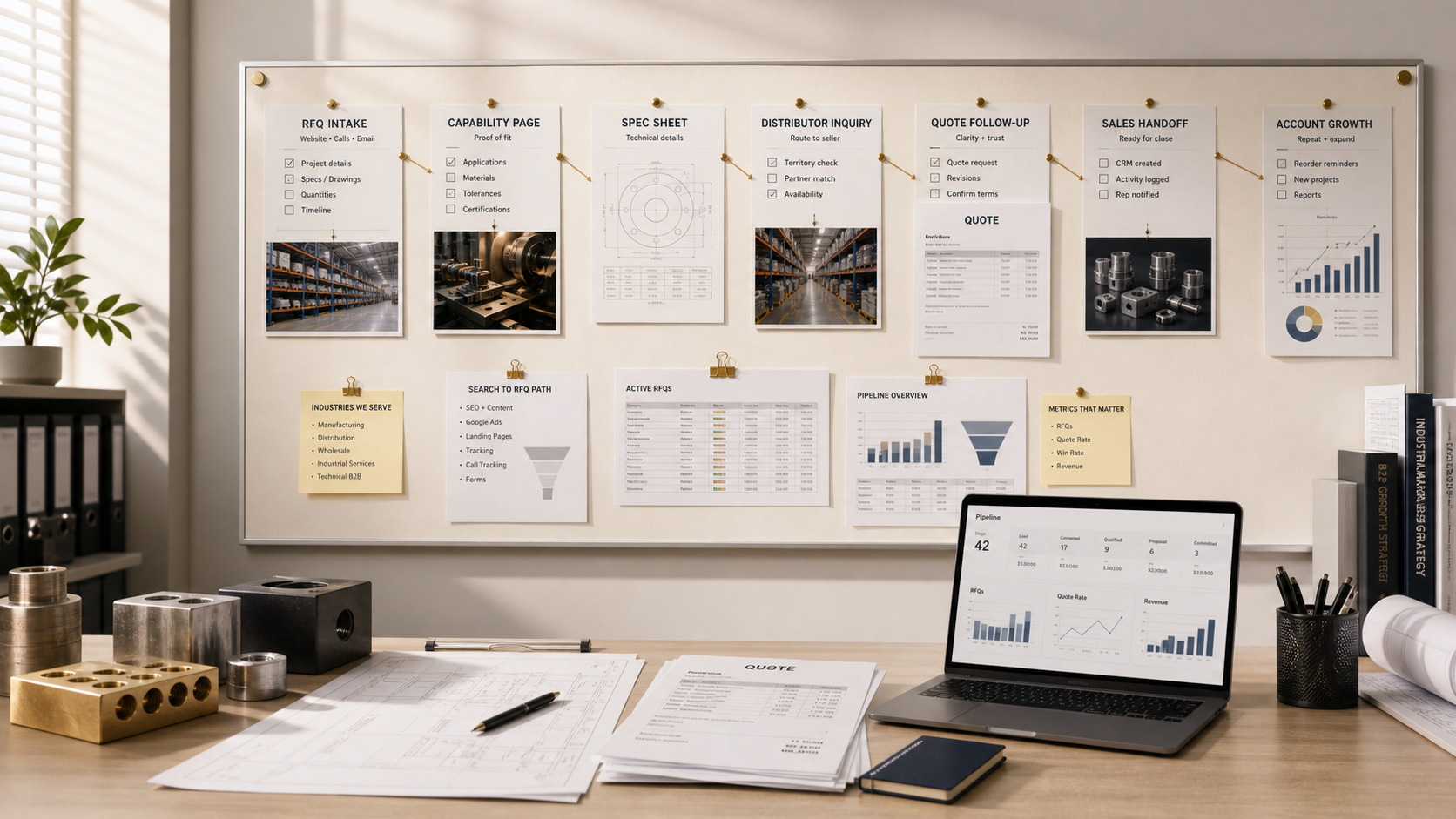 B2B industrial marketing workspace with RFQ path, technical proof, distributor routing, and pipeline reporting.