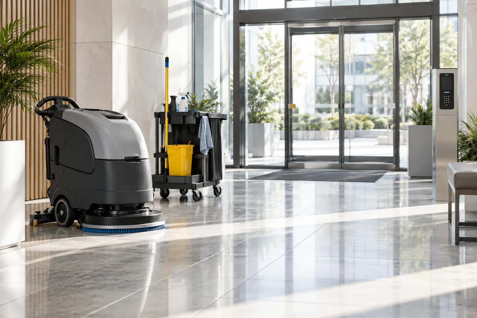 Illustrative commercial cleaning and facilities scene