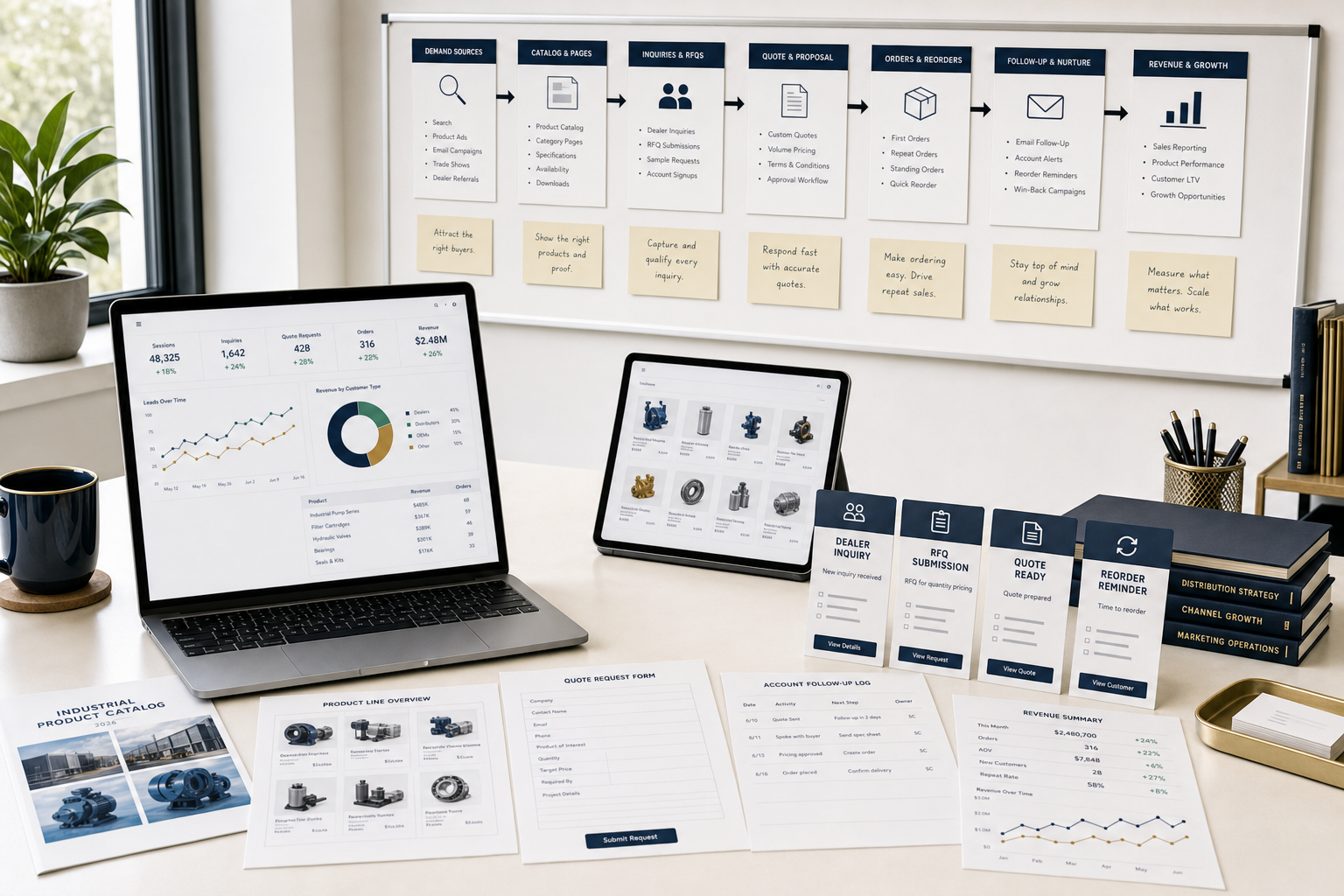 Distribution and wholesale marketing workspace showing catalog demand, quote requests, dealer inquiries, CRM follow-up, reorders, and revenue reporting