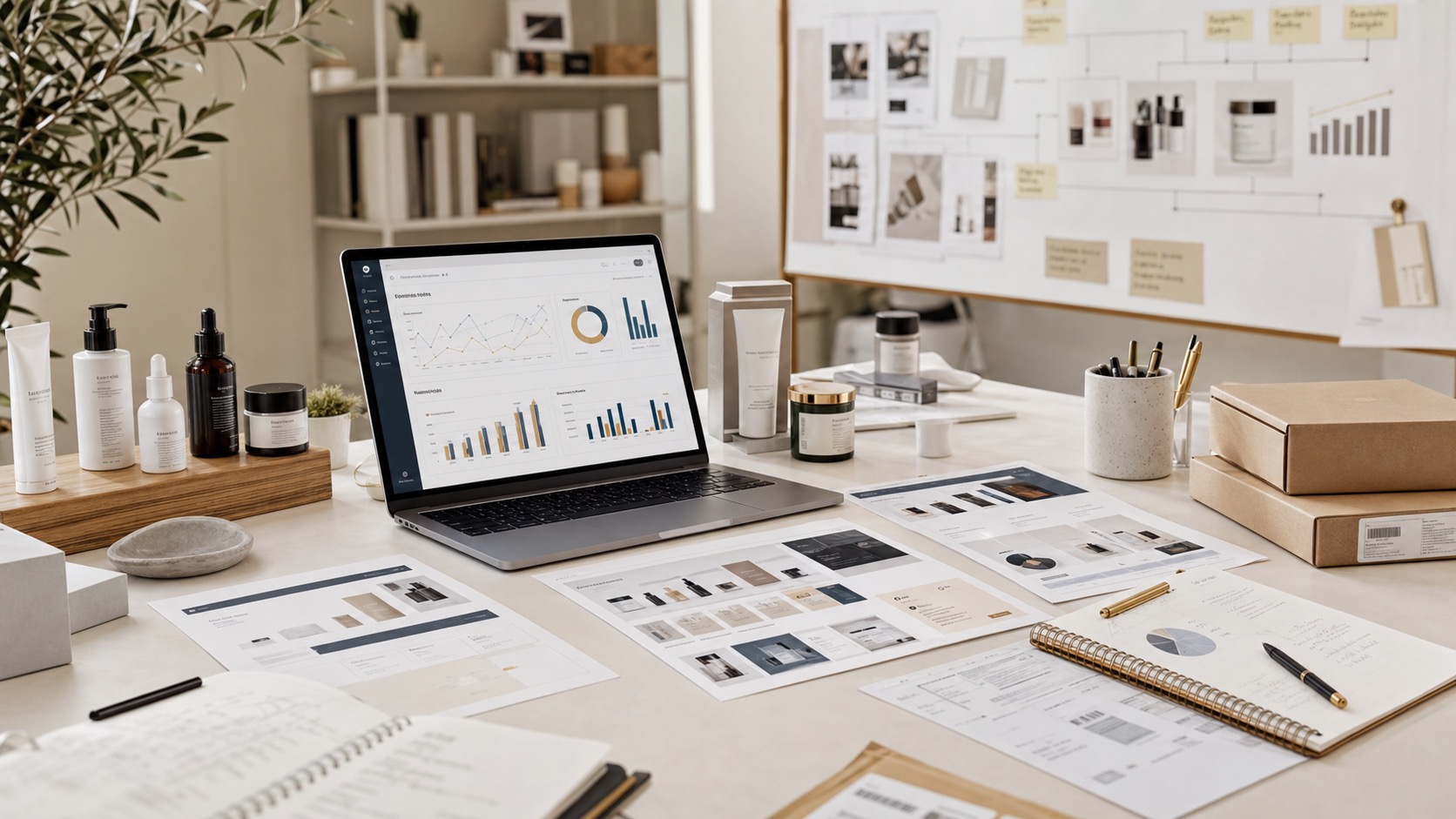 Ecommerce brand marketing workspace showing product pages, cart, checkout, purchase reporting, email follow-up, repeat purchase, and order growth.