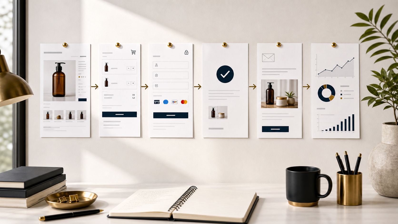 Ecommerce product page, cart, checkout, purchase confirmation, email follow-up, and reporting cards in a bright consulting workspace.