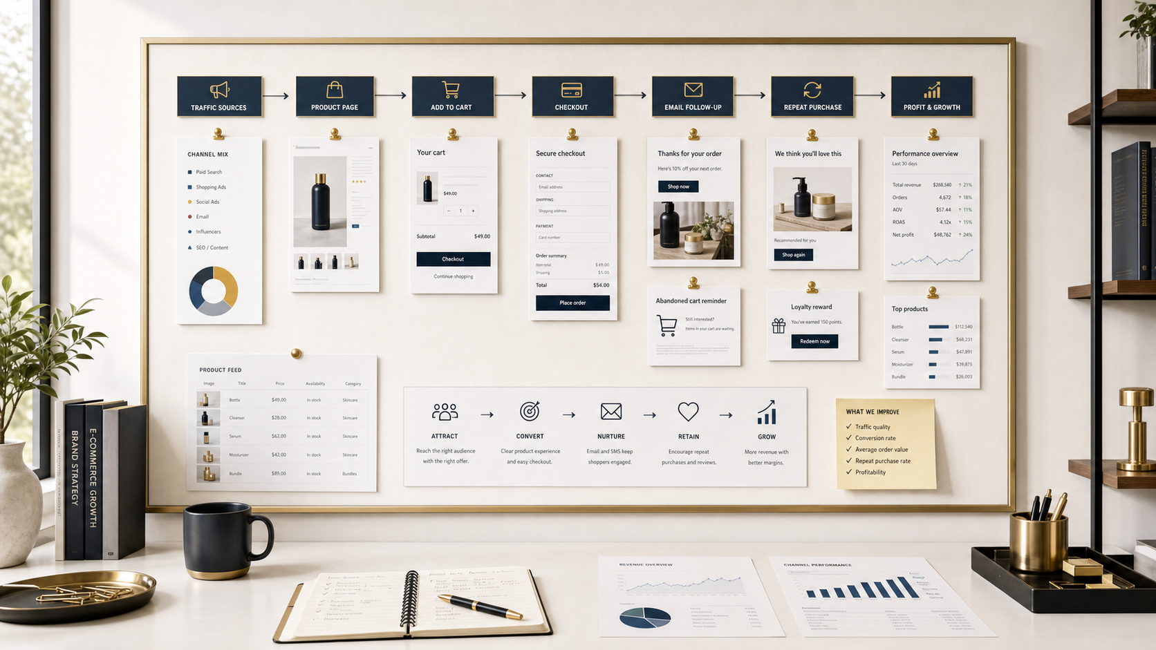 Ecommerce and product brand marketing workspace with Shopify revenue path, product page notes, cart tracking, and campaign reporting.