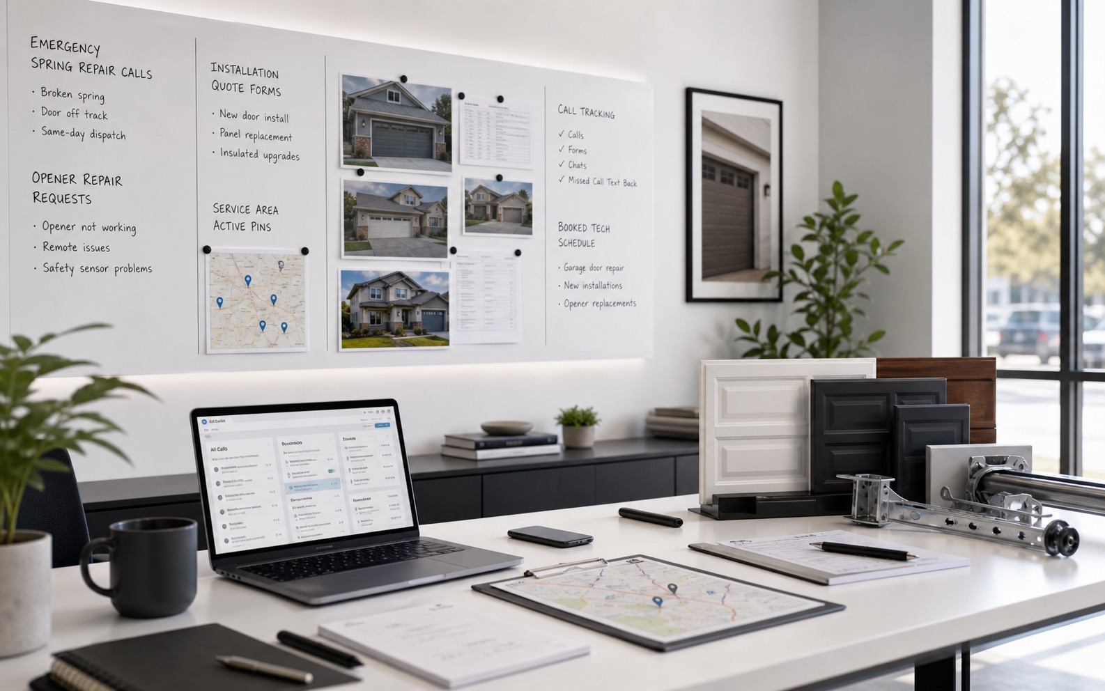 Marketing operations office for garage door companies showing repair calls, installation quote requests, service-area routing, call tracking, and booked technician schedule.