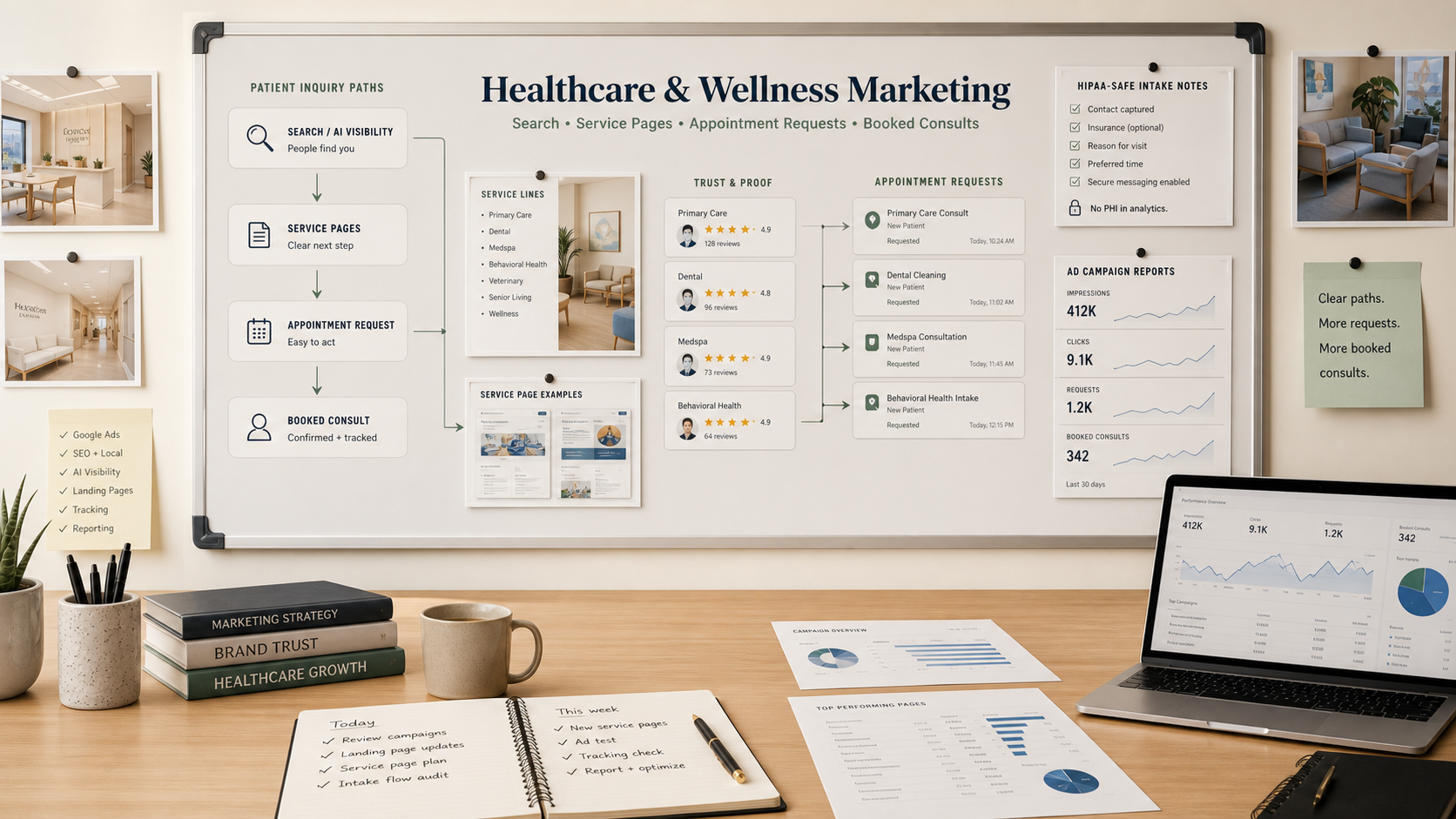 Healthcare and wellness marketing workspace with appointment routing, local visibility notes, patient inquiry tracking, and reporting.