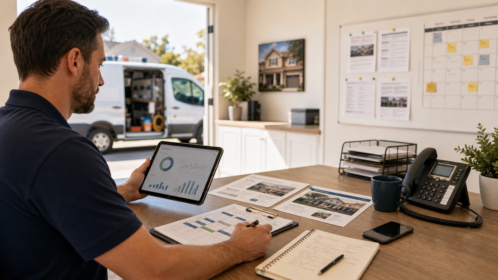 Home services marketing workspace with dispatch board, owner review notes, service van, and buyer-path reporting.