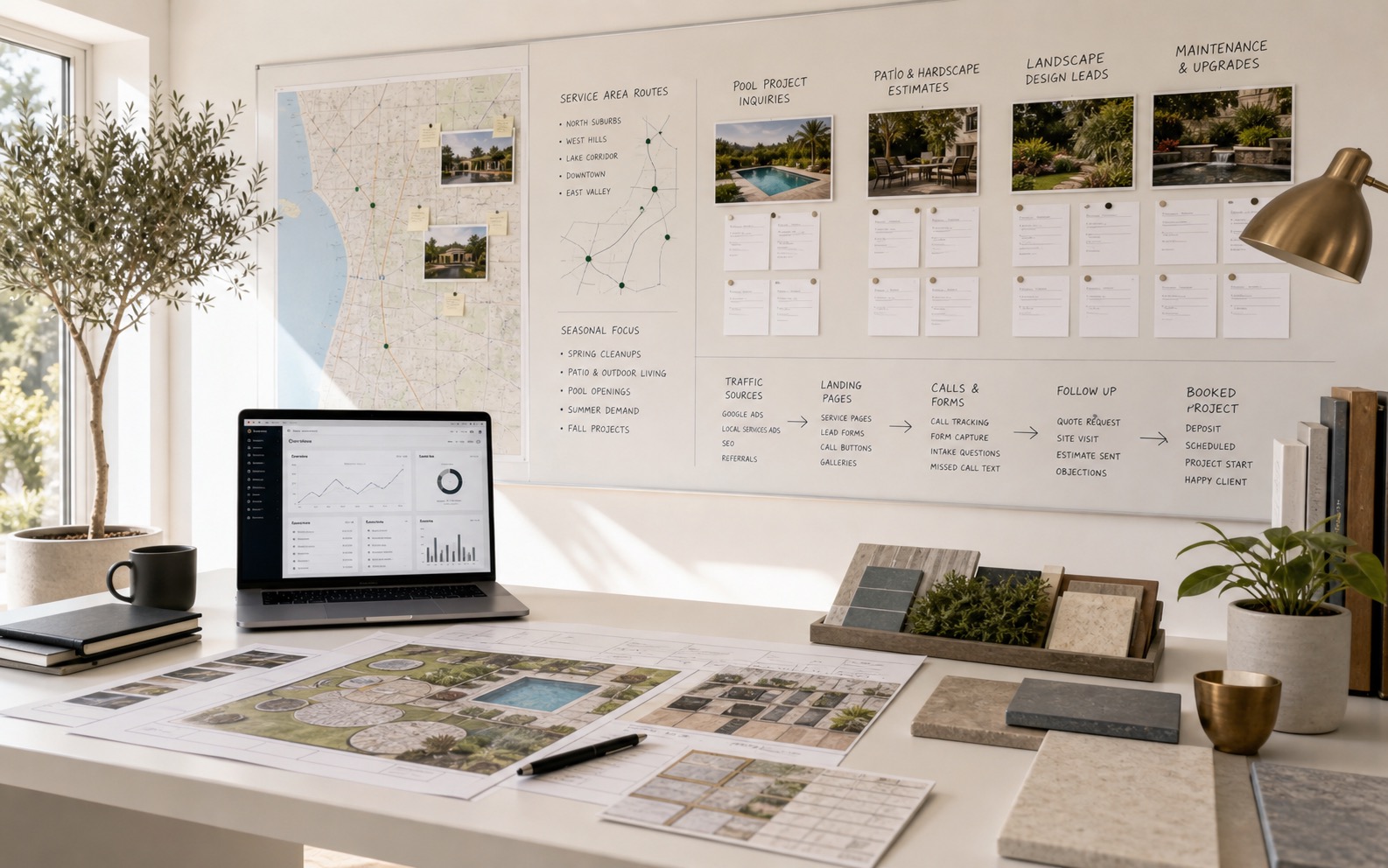 Marketing operations office for landscaping and pool companies showing service-area demand, project inquiries, landing pages, calls, quote follow-up, and booked projects.