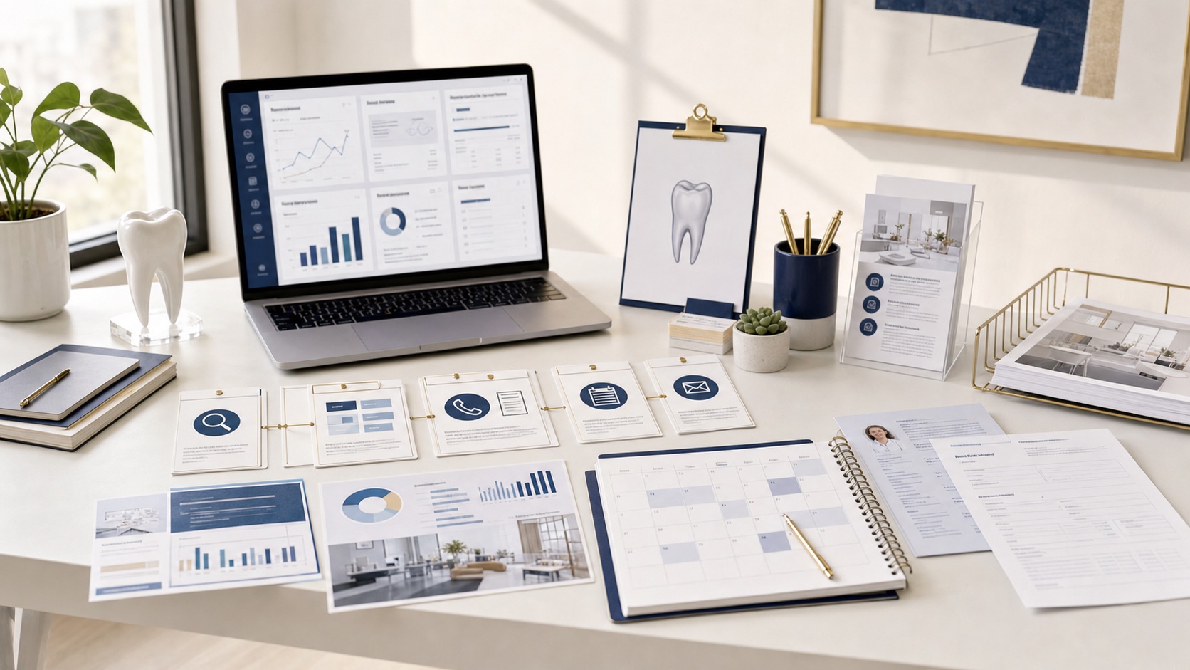Dental marketing review workspace with a website, local search profile, appointment calendar, and measurement notes