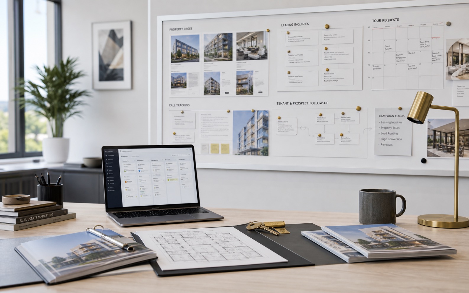 Marketing operations office for property management and commercial real estate showing property pages, leasing inquiries, tour requests, call tracking, and follow-up.