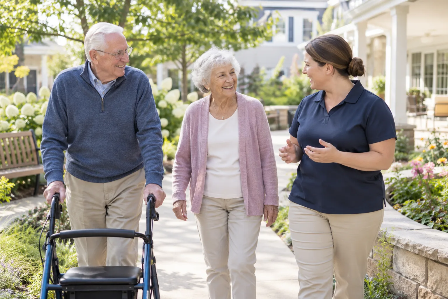 Illustrative senior living and home-care scene