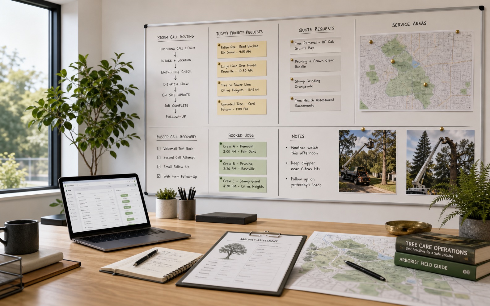 Marketing operations office for tree service companies showing storm call routing, tree removal quote requests, service areas, missed-call recovery, and booked crew schedule.