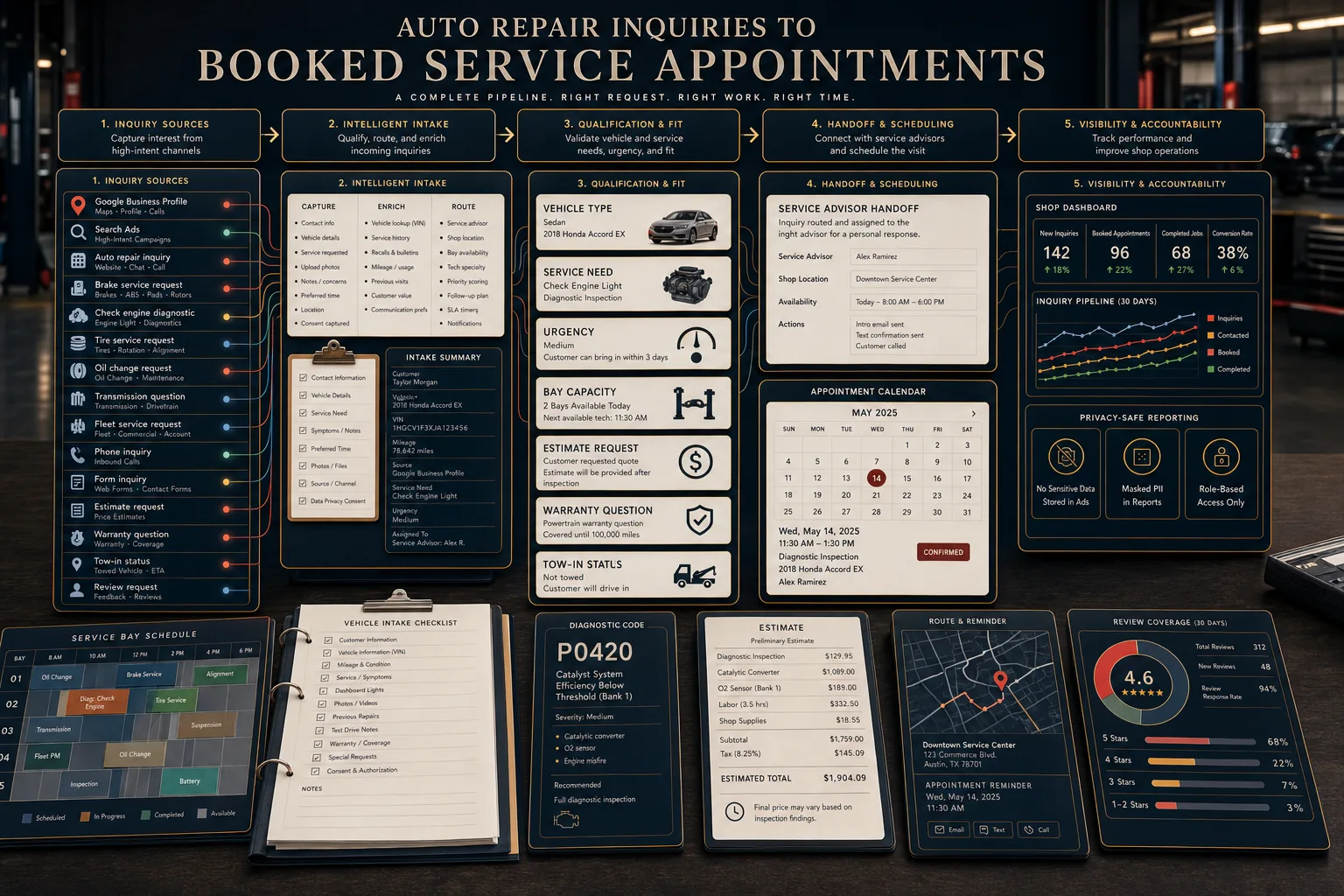 Premium auto repair inquiries to booked service appointments schematic showing Google Business Profile, Search Ads, auto repair inquiry, brake service request, check engine diagnostic, tire service request, oil change request, transmission question, fleet service request, phone inquiry, form inquiry, vehicle type, service need, urgency, bay capacity, technician notes, estimate request, warranty question, tow-in status, review request, service advisor handoff, appointment calendar, shop dashboard, service bay schedule, repair order ledger, vehicle intake checklist, diagnostic code card, estimate card, route map, review coverage, and privacy-safe reporting.