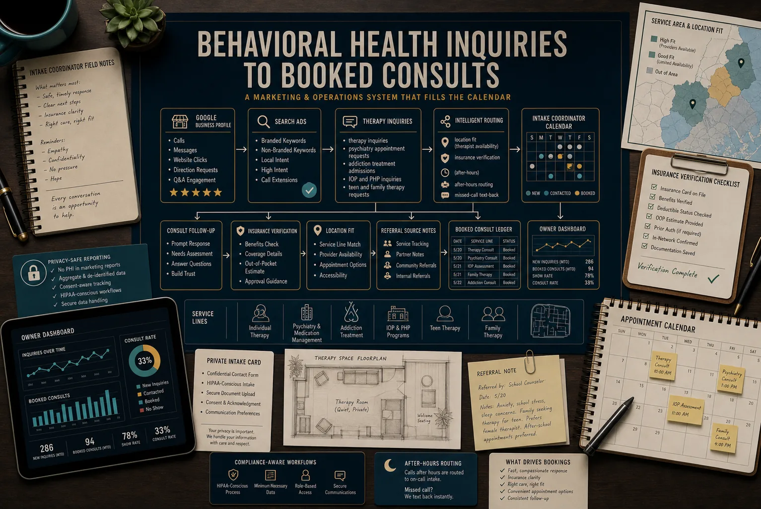 Premium behavioral health inquiries to booked consults schematic showing Google Business Profile, Search Ads, therapy inquiries, psychiatry appointment requests, addiction treatment admissions, IOP and PHP inquiries, teen and family therapy requests, insurance verification, location fit, after-hours routing, missed-call text-back, intake coordinator calendar, referral source notes, consult follow-up, booked consult ledger, owner dashboard, and privacy-safe reporting.