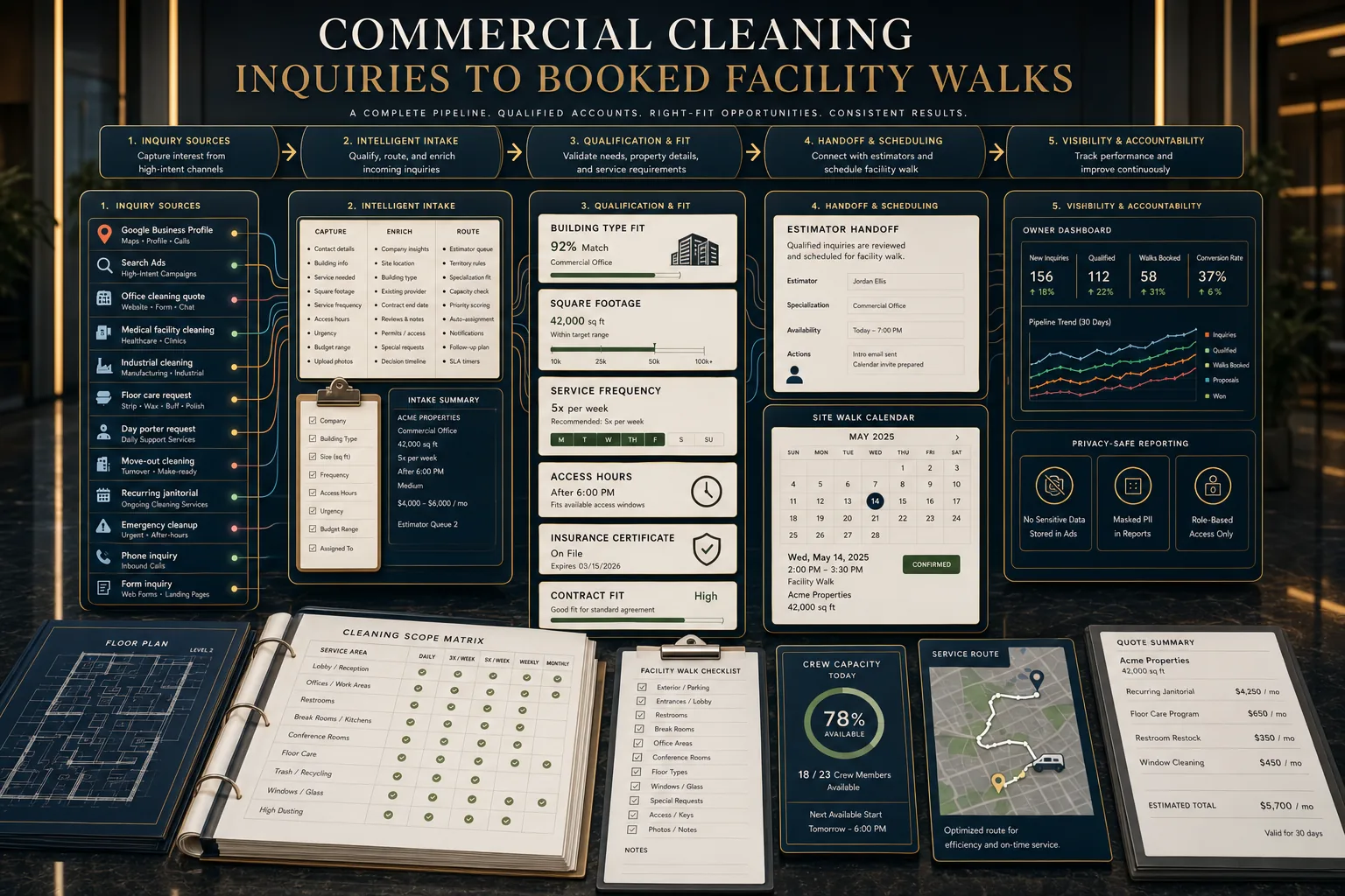 Premium commercial cleaning inquiries to booked facility walks schematic showing Google Business Profile, Search Ads, office cleaning quote requests, medical facility cleaning, industrial cleaning, floor care requests, day porter requests, move-out cleaning, recurring janitorial, emergency cleanup, phone inquiries, form inquiries, building type fit, square footage, service frequency, access hours, insurance certificate, site walk calendar, estimator handoff, crew capacity, contract fit, owner dashboard, route map, quote summary, and privacy-safe reporting.
