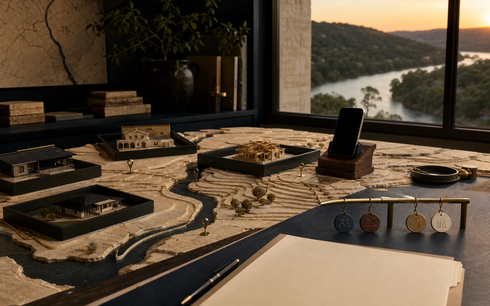 Conceptual Austin contractor worktable linking service-area demand, calls, estimates, and booked jobs