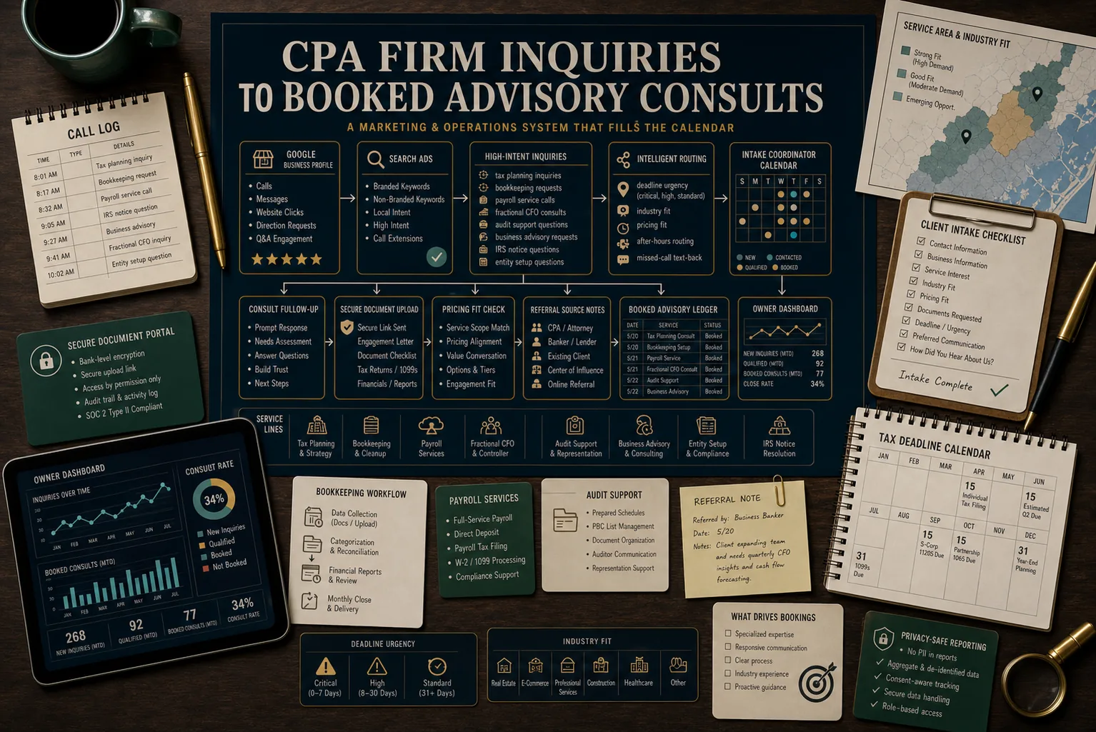 Premium CPA firm inquiries to booked advisory consults schematic showing Google Business Profile, Search Ads, tax planning inquiries, bookkeeping requests, payroll service calls, fractional CFO consults, audit support questions, business advisory requests, IRS notice questions, entity setup questions, secure document upload, deadline urgency, industry fit, pricing fit, intake coordinator calendar, referral source notes, consult follow-up, booked advisory ledger, owner dashboard, and privacy-safe reporting.