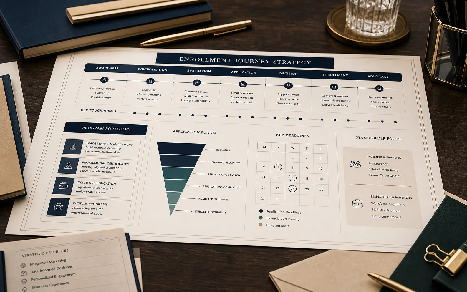 Premium enrollment journey strategy map with program portfolio, application funnel, deadlines, and stakeholder focus.