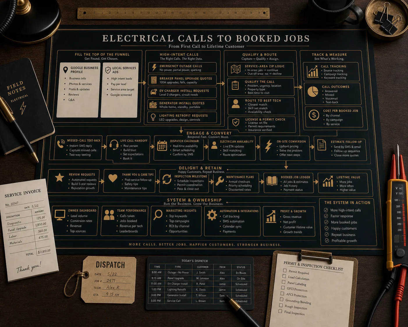 Premium electrical contractor calls to booked jobs schematic showing Google Business Profile, Local Services Ads, emergency outage calls, breaker panel upgrade quotes, EV charger installation requests, generator installation quotes, lighting retrofit requests, service-area ZIP logic, license and permit proof, call tracking, missed-call text-back, dispatch, estimate follow-up, inspection milestones, review requests, booked job ledger, and owner dashboard.