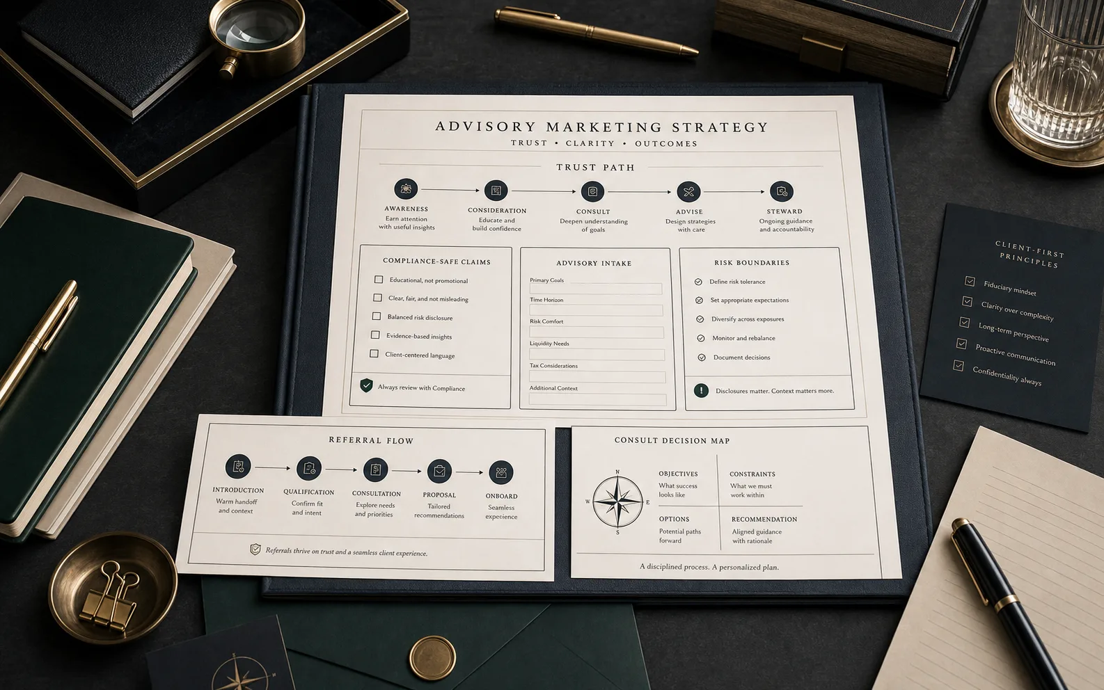 Premium advisory marketing strategy desk with trust path, compliance-safe claims, intake, risk boundaries, referral flow, and consult decision map.