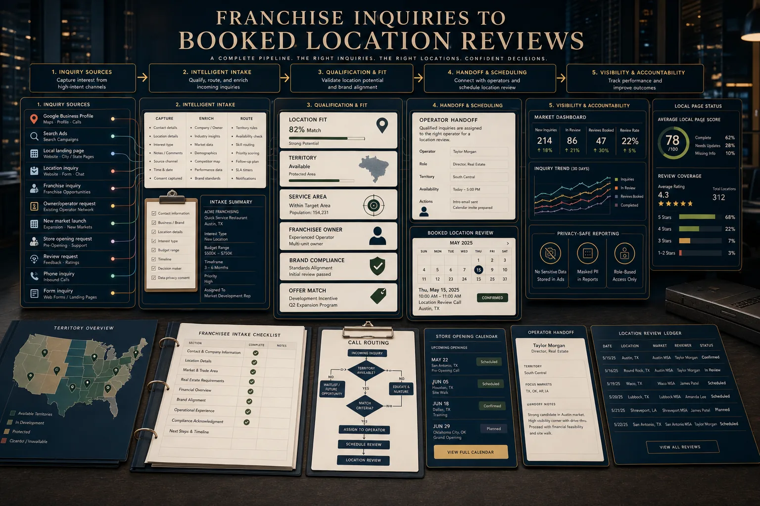 Premium franchise inquiries to booked location reviews schematic showing Google Business Profile, Search Ads, local landing page, location inquiry, franchise inquiry, owner operator request, new market launch, store opening request, review request, phone inquiry, form inquiry, location fit, territory, service area, franchisee owner, brand compliance, offer match, call routing, local page status, review coverage, market dashboard, booked location review calendar, operator handoff, territory map, franchisee intake checklist, store opening calendar, location review ledger, and privacy-safe reporting.