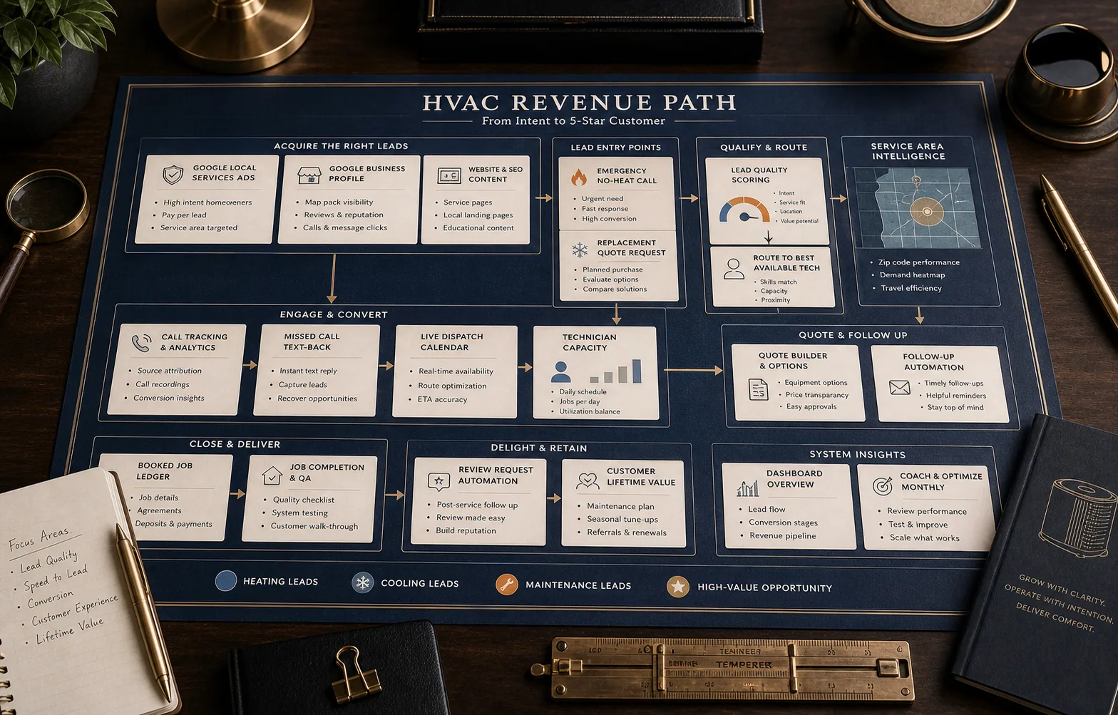 Premium HVAC revenue path schematic showing Local Services Ads, Google Business Profile, emergency calls, replacement quote requests, call tracking, dispatch, quote follow-up, booked jobs, reviews, and revenue insights.