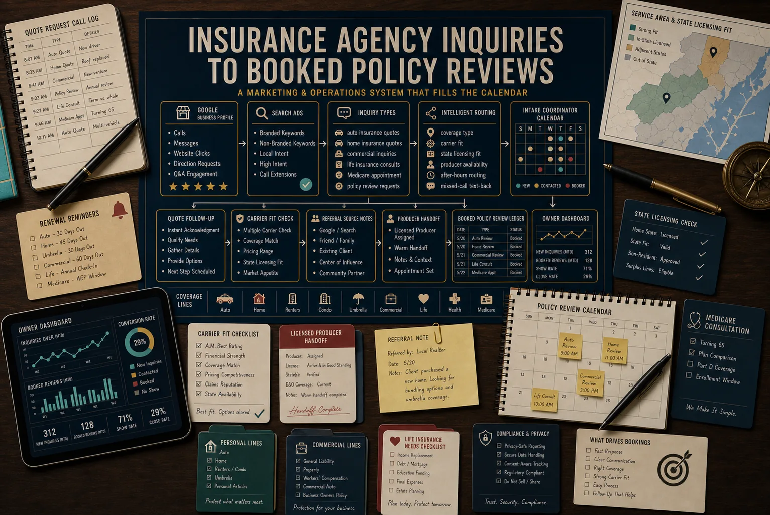 Premium insurance agency inquiries to booked policy reviews schematic showing Google Business Profile, Search Ads, auto insurance quotes, home insurance quotes, commercial insurance inquiries, life insurance consults, Medicare appointment requests, policy review requests, renewal reminders, carrier fit, coverage type, state licensing fit, referral source notes, producer handoff, quote follow-up, booked policy review ledger, owner dashboard, and privacy-safe reporting.