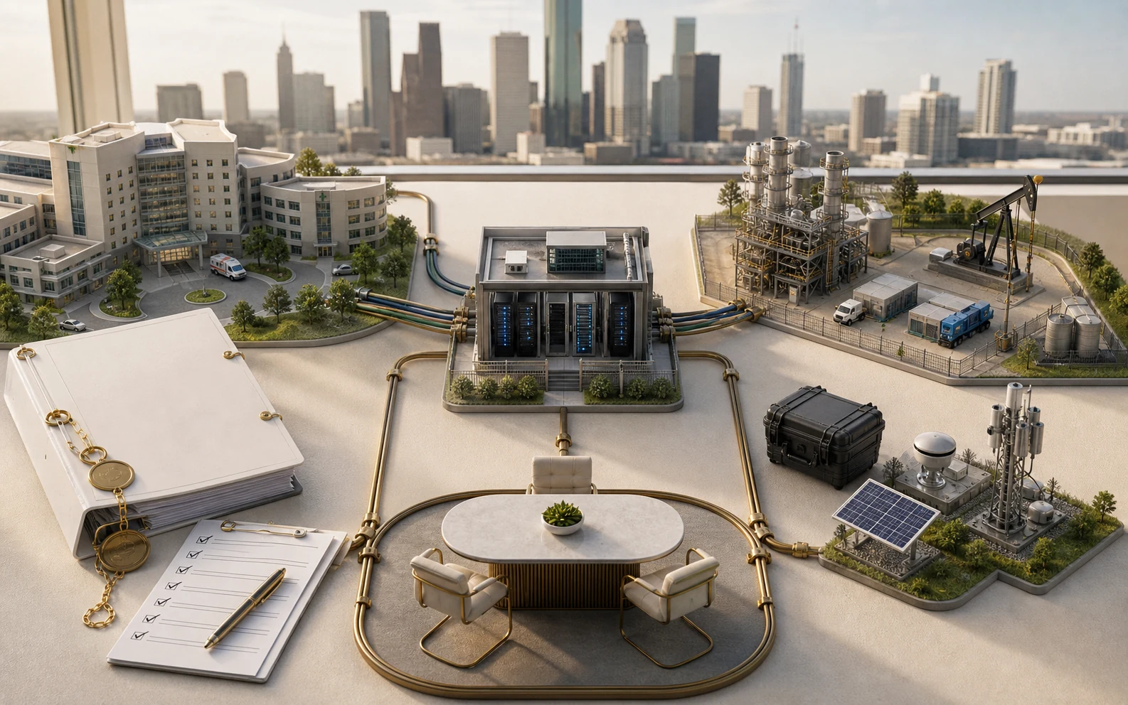 Houston MSP sector demand board splitting healthcare compliance IT around the Texas Medical Center from energy and industrial field-site coverage, each with its own capability page and consult path