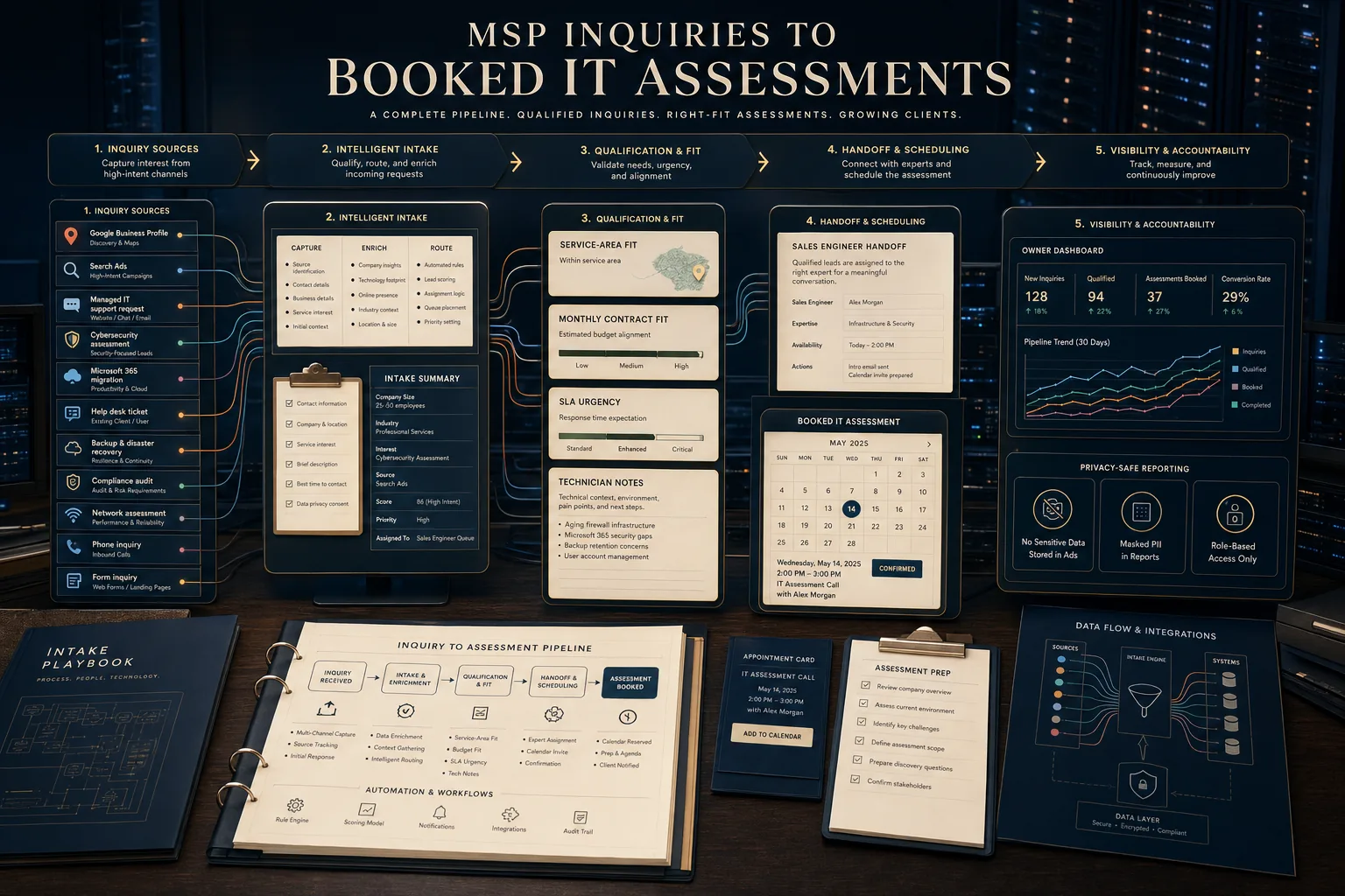 Premium MSP inquiries to booked IT assessments schematic showing Google Business Profile, Search Ads, managed IT support requests, cybersecurity assessment leads, Microsoft 365 migration inquiries, help desk tickets, backup and disaster recovery requests, compliance audit inquiries, network assessment requests, phone inquiries, form inquiries, service-area fit, monthly contract fit, SLA urgency, technician notes, sales engineer handoff, booked IT assessment calendar, owner dashboard, and privacy-safe reporting.
