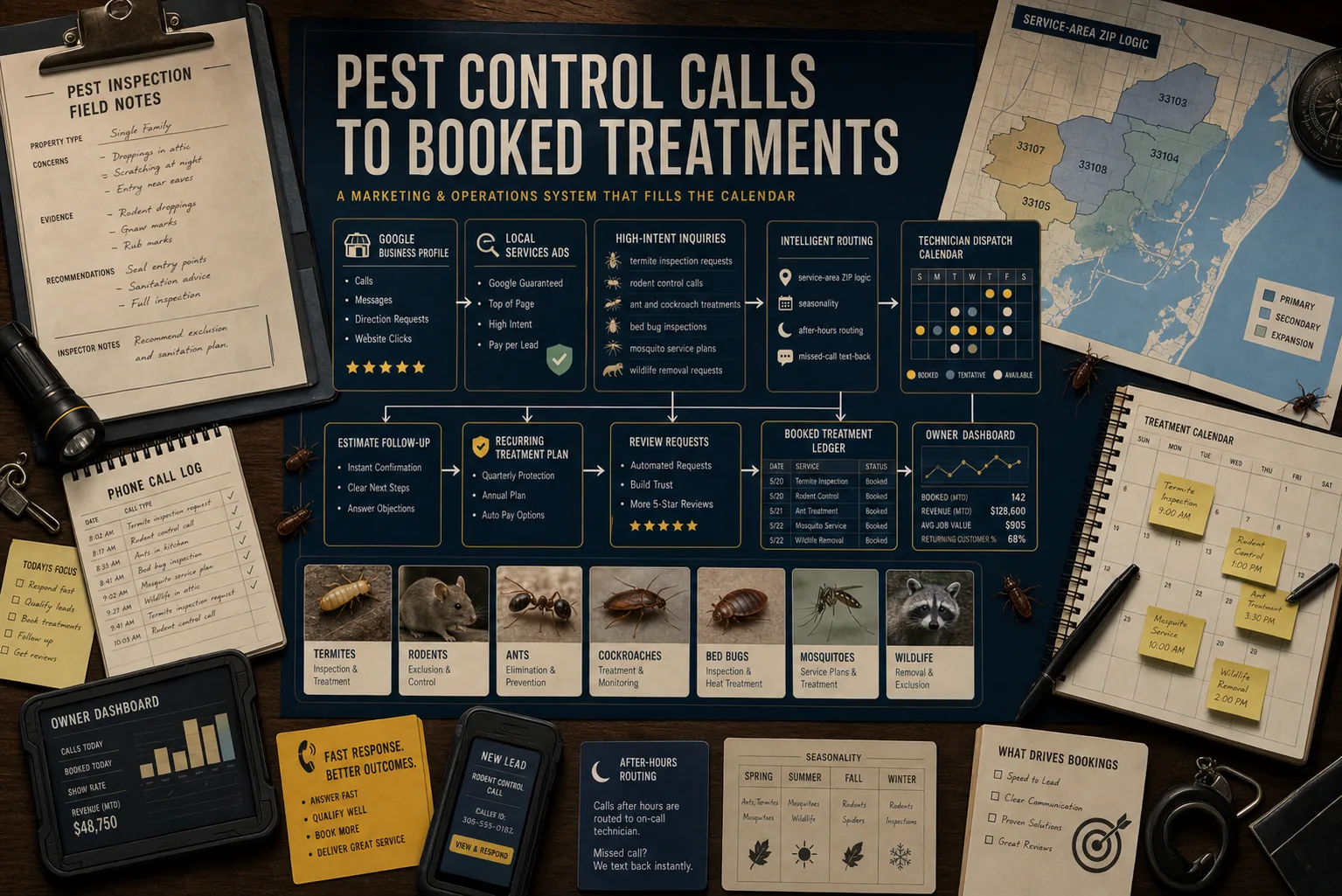 Premium pest control calls to booked treatments schematic showing Google Business Profile, Local Services Ads, termite inspection requests, rodent control calls, ant and cockroach treatments, bed bug inspections, mosquito service plans, wildlife removal requests, service-area ZIP logic, seasonality, after-hours routing, missed-call text-back, technician dispatch calendar, estimate follow-up, recurring treatment plan, review requests, booked treatment ledger, and owner dashboard.